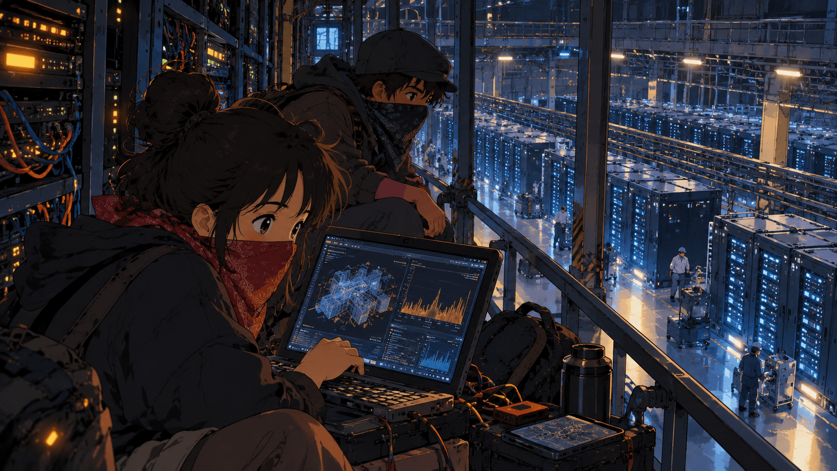 1990s anime-style illustration of two masked hackers secretly monitoring electricity consumption inside a massive AI data center.