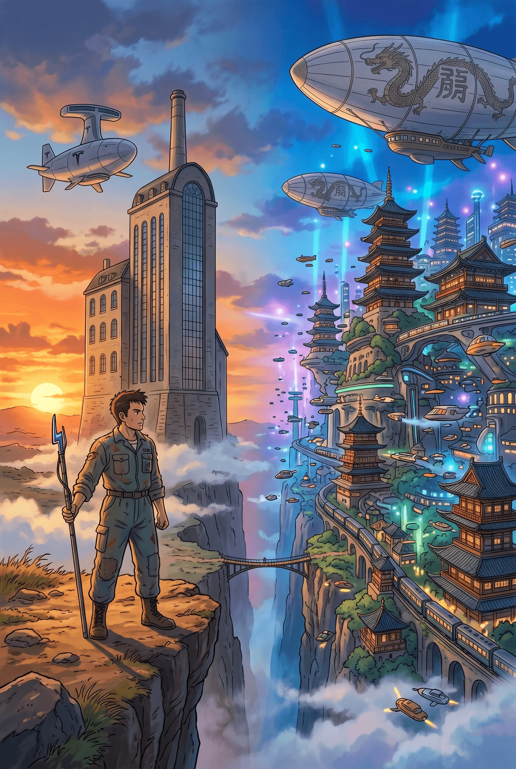 A symbolic divide between Western industrial systems and Eastern futuristic cities, representing the competition between Tesla and Chinese EV manufacturers