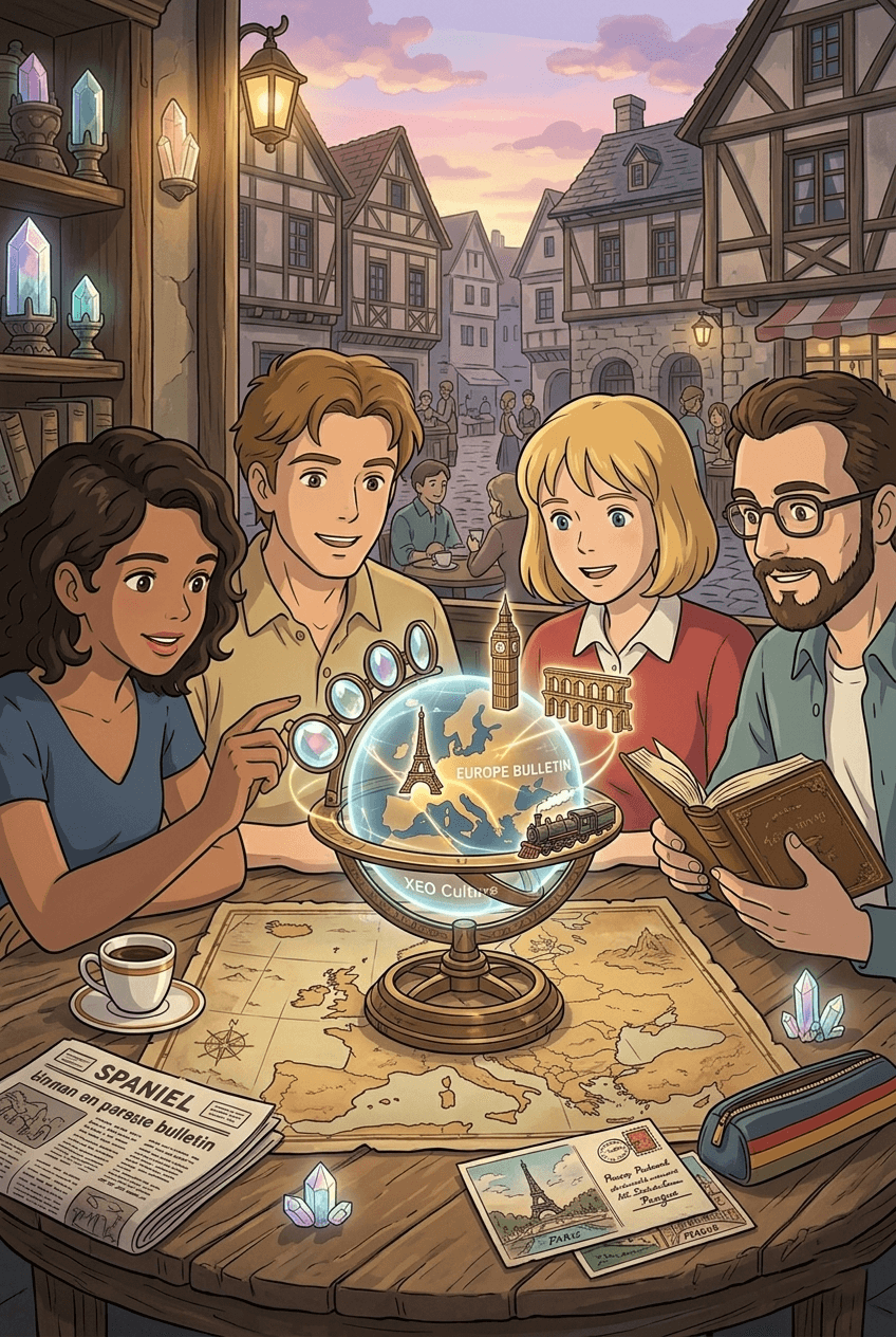 A group of people gathered around a glowing holographic globe of Europe, representing crypto regulation, digital finance, and technological collaboration