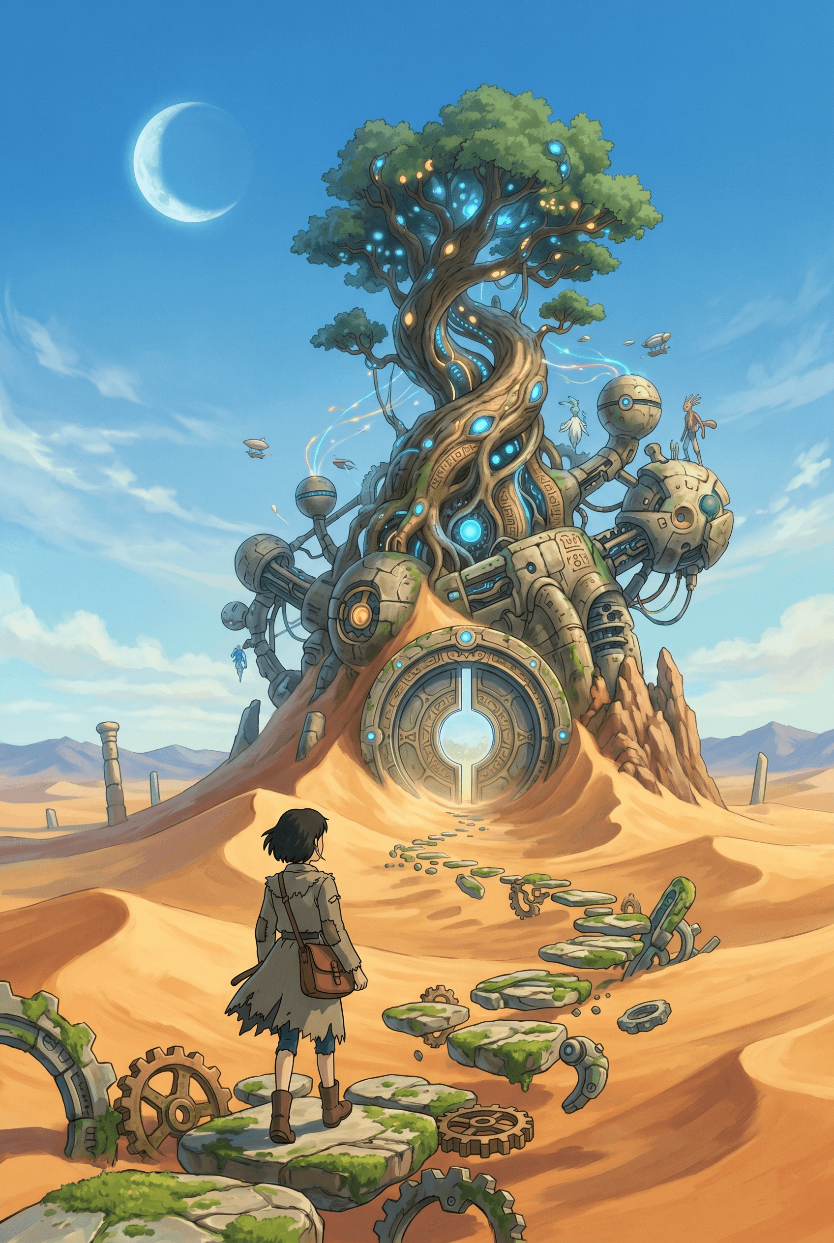 Futuristic sci-fi tree fused with machines in a desert, glowing AI core structure with a lone explorer approaching a mysterious portal