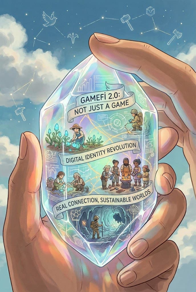 A digital machine transitioning into a natural ecosystem, symbolizing the shift from artificial GameFi systems to sustainable digital ownership