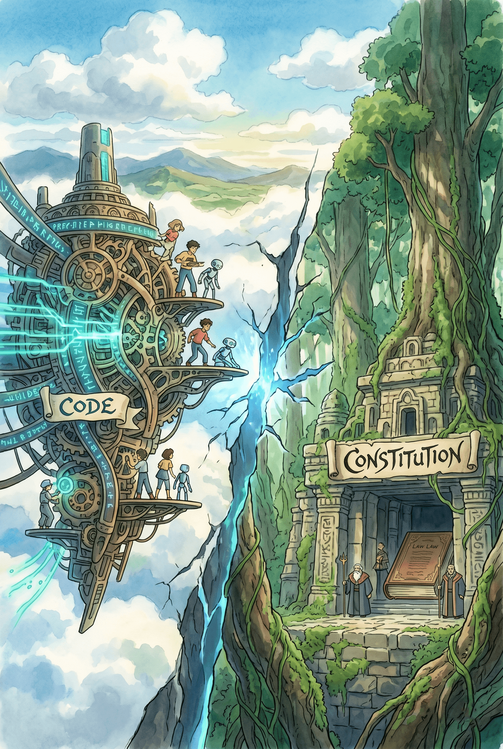 A split scene showing a mechanical code-driven structure on one side and an ancient legal temple on the other, divided by a glowing crack