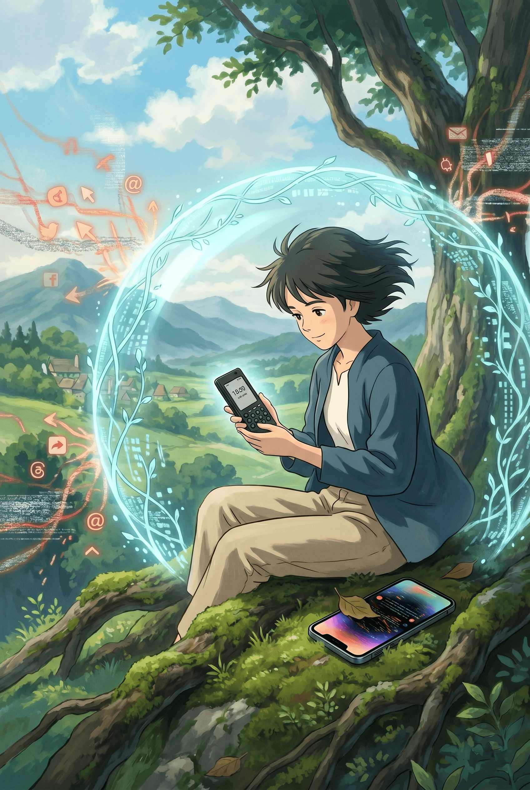 Ghibli-style digital illustration of a person sitting on a mossy tree branch in a lush landscape, holding a minimalist "dumb phone" that emits a protective glowing shield against a chaotic stream of red social media icons and digital noise.