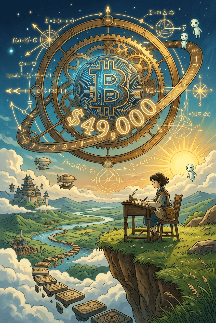 anime style fantasy poster explaining why Bitcoin at 49000 dollars is formally logical, featuring a Studio Ghibli inspired landscape with a floating celestial astrolabe, BTC logo, mathematical formulas, and a character calculating on a cliffside.