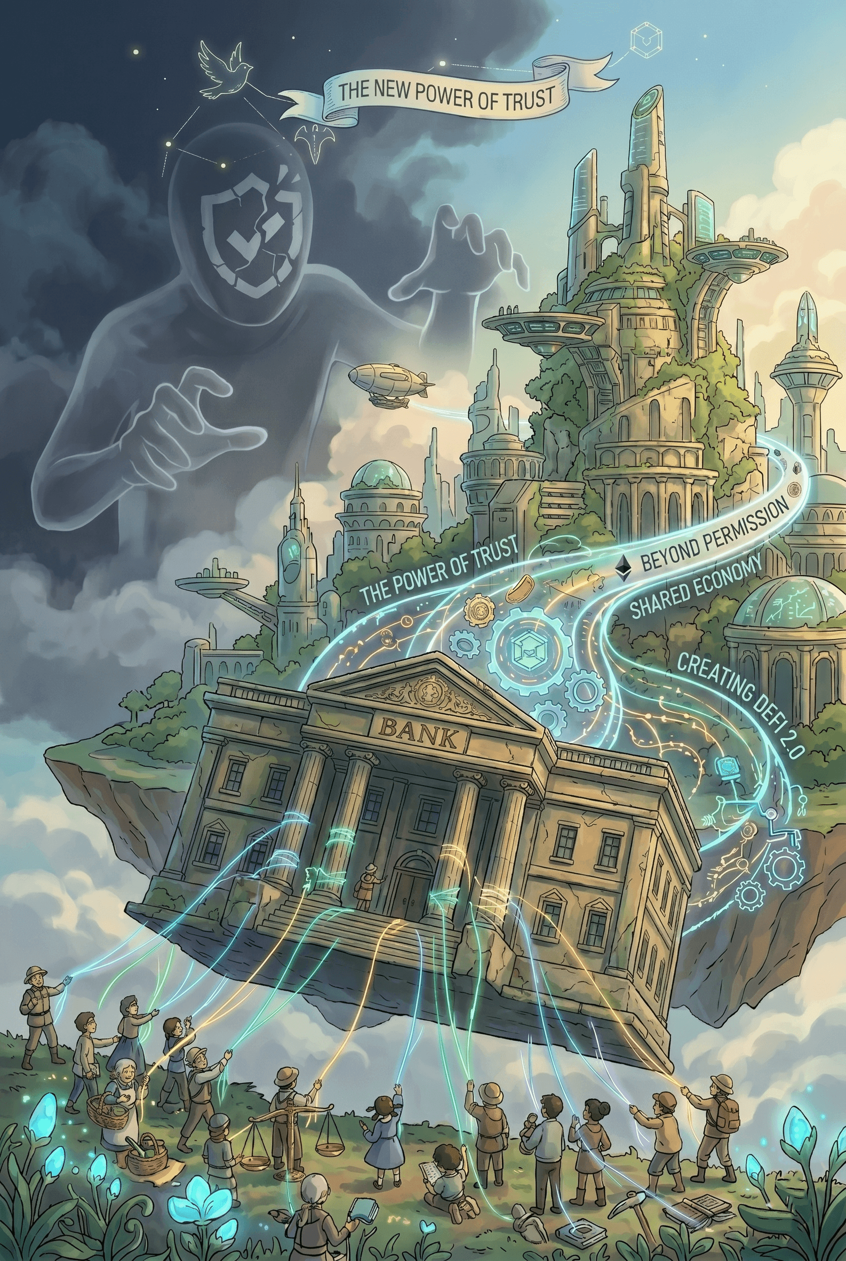 A floating bank surrounded by digital networks of people connecting to it, representing decentralized finance and the shift from institutional trust to community trust