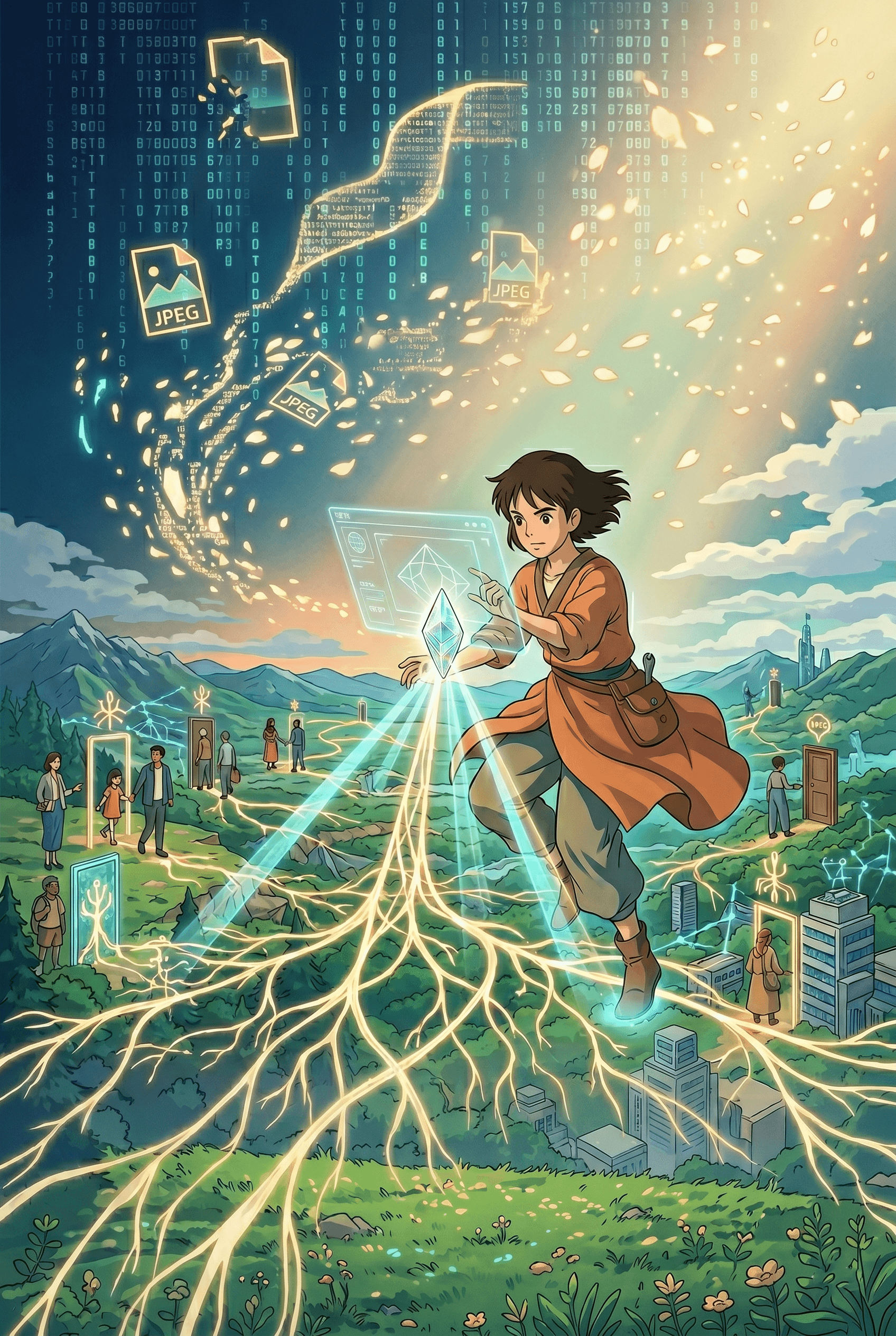 A figure activating a glowing digital crystal connected to a global network, symbolizing NFTs transforming from images into access systems