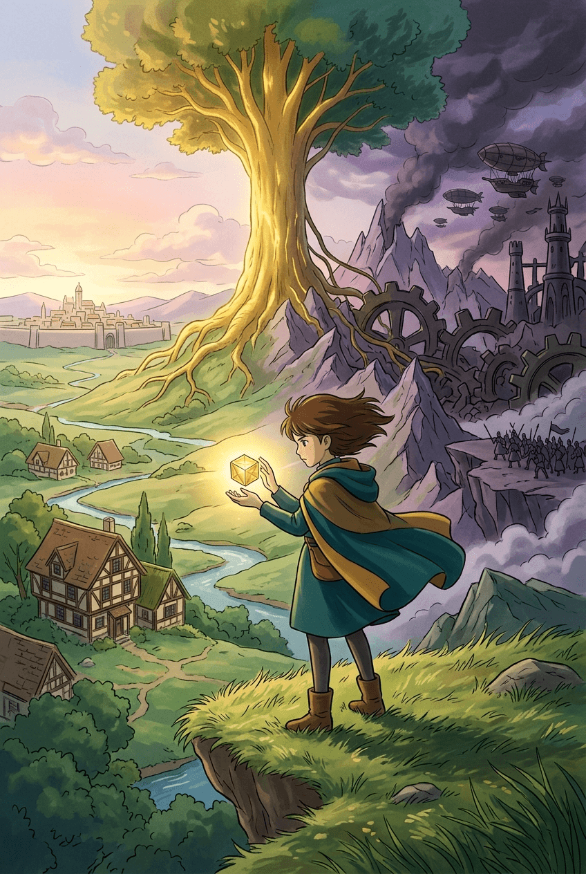 A young figure holding a glowing golden cube between a peaceful landscape and a dark industrial war zone, symbolizing gold as a safe haven and geopolitical lever