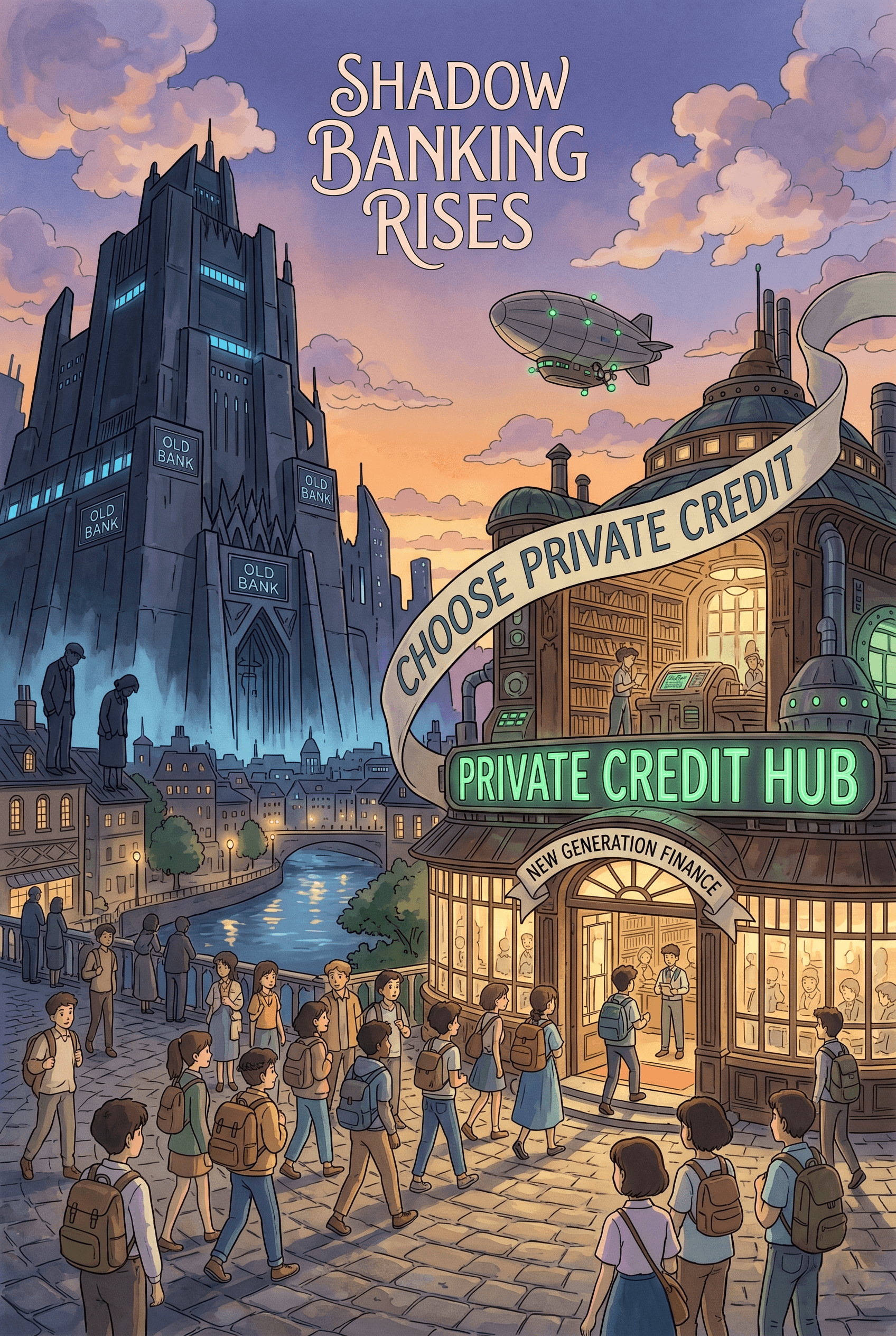 A futuristic city showing people moving from traditional banks toward a modern private credit hub, symbolizing the rise of alternative finance