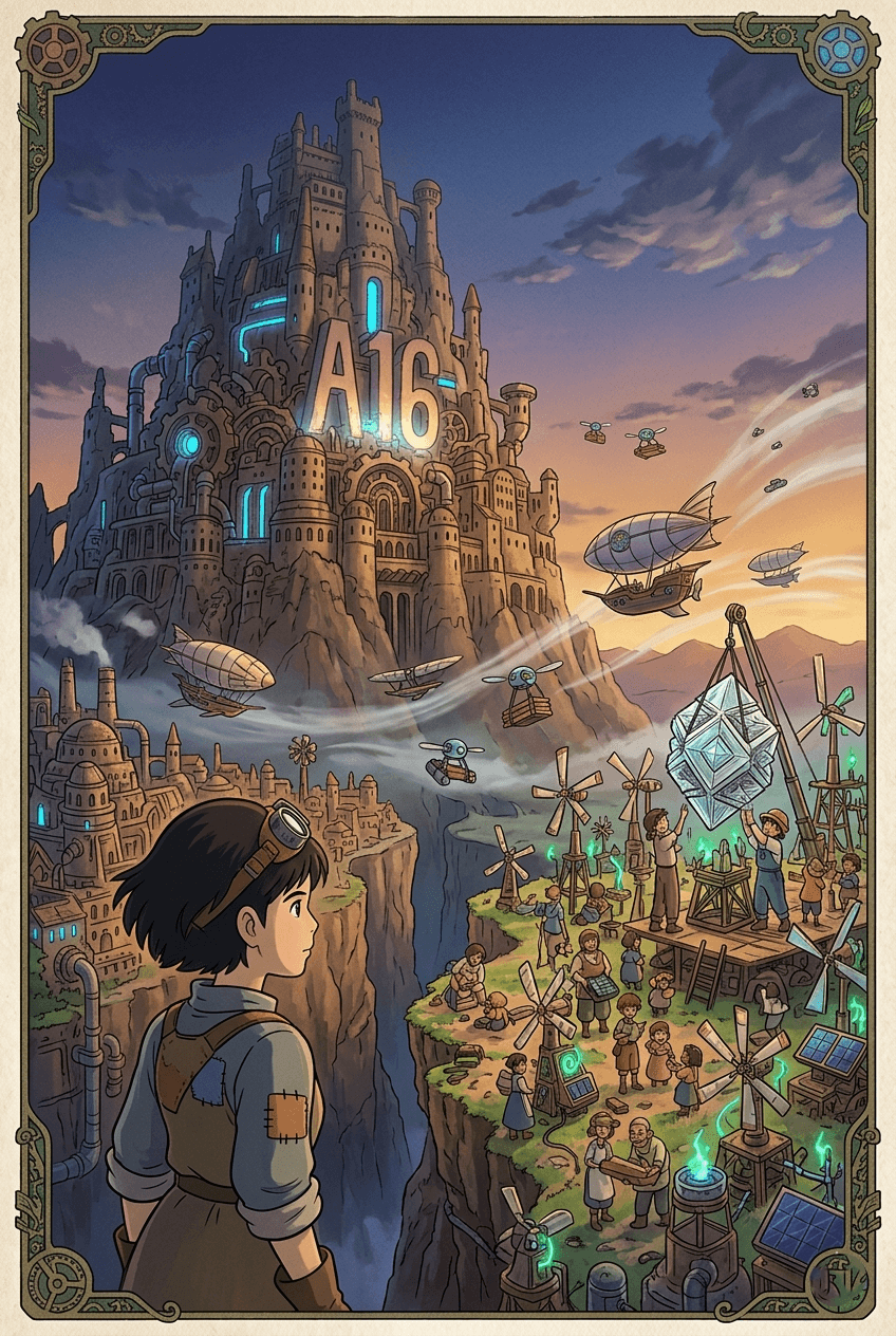 A futuristic city showing the decline of traditional banks and the rise of private credit systems, with people moving toward a new financial hub