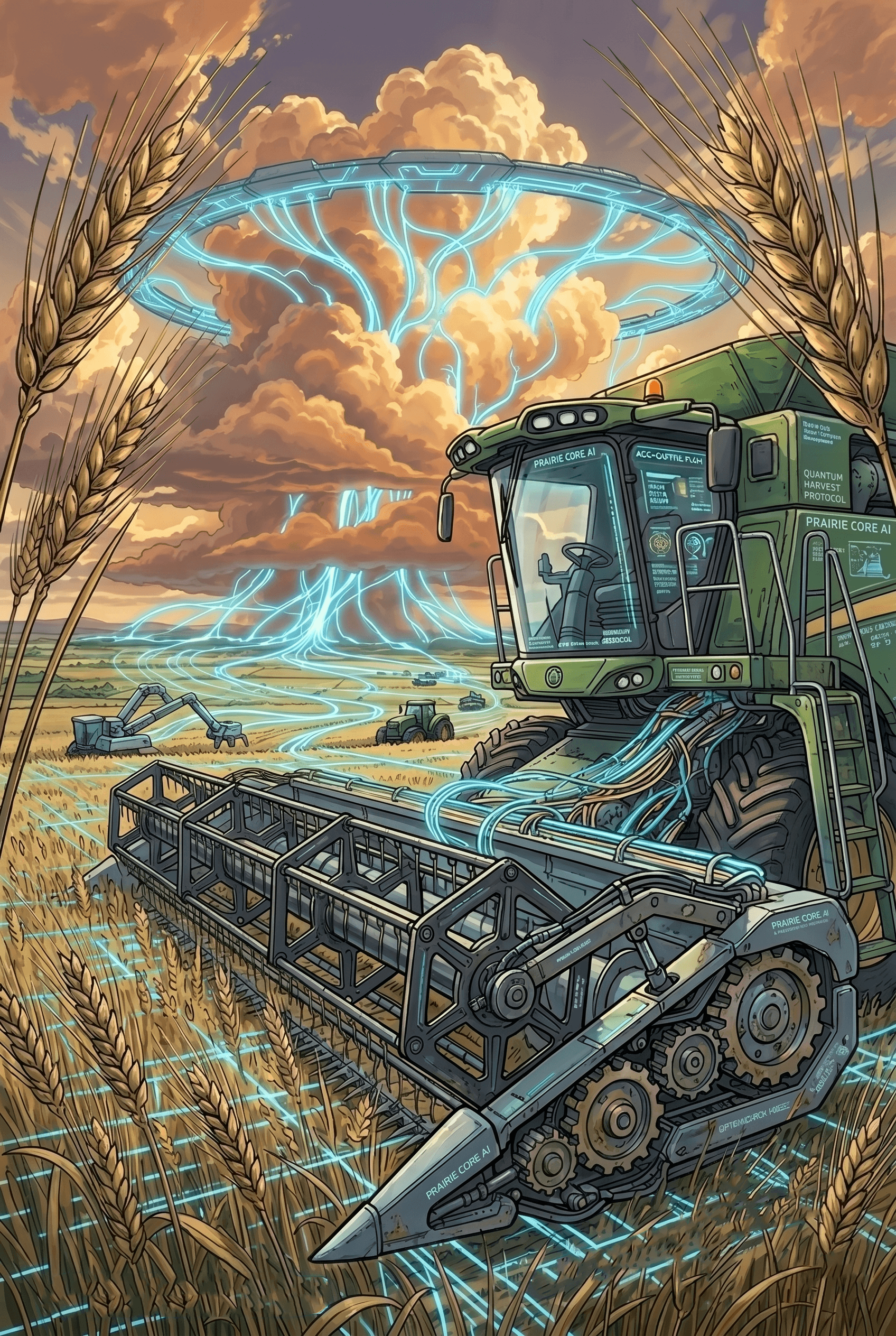 anime style sci-fi poster showing a close-up of an autonomous green combine harvester in a golden wheat field, with glowing blue digital data grids on the ground and a massive futuristic plasma energy ring floating in the cloudy sky.