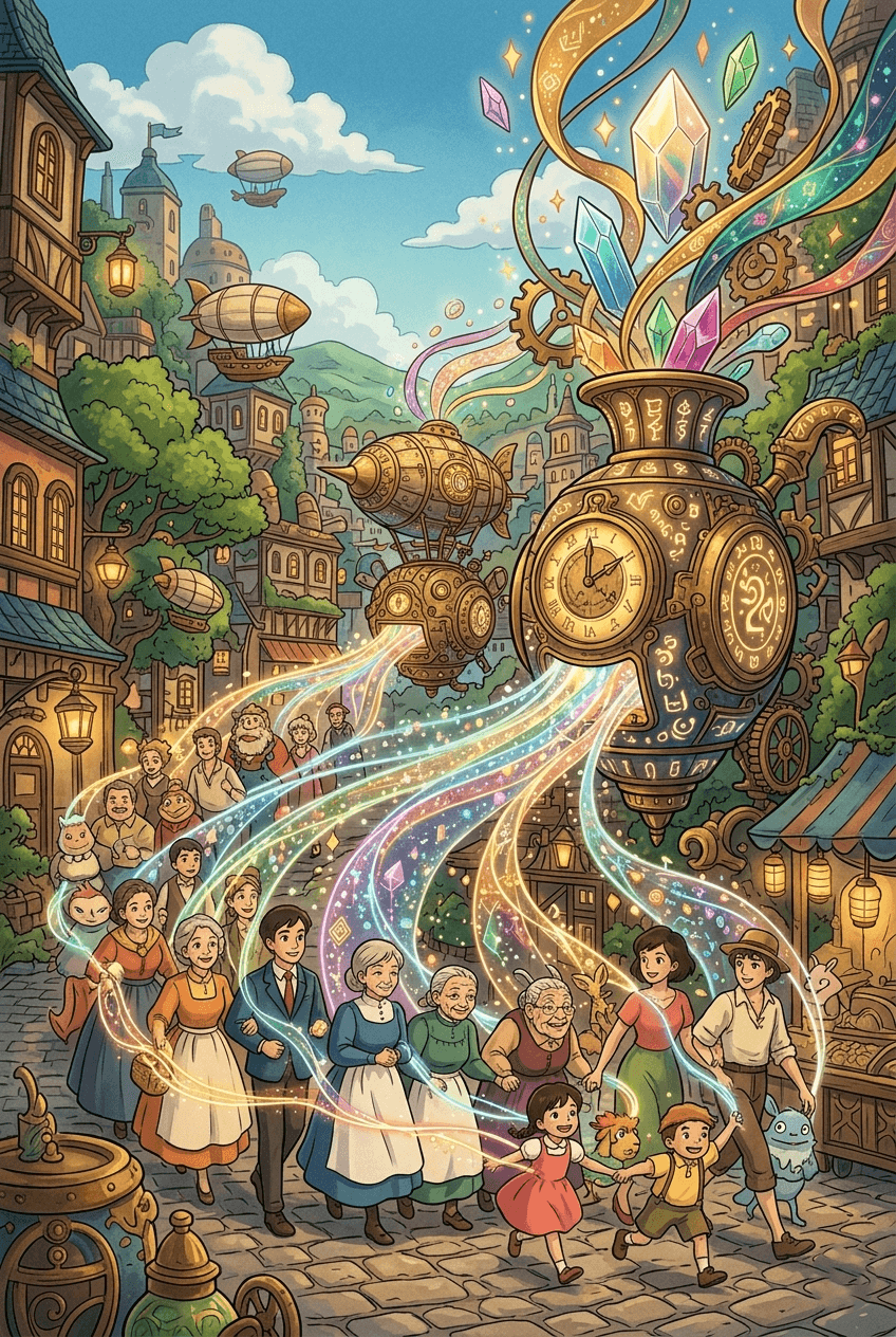 Miyazaki anime style illustration of people's life energy being harvested by a steampunk AI machine, symbolizing human behavior monetization in the AI era.