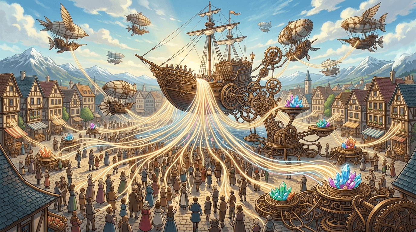 Miyazaki anime style illustration of people's life energy being harvested by a steampunk AI machine, symbolizing human behavior monetization in the AI era.