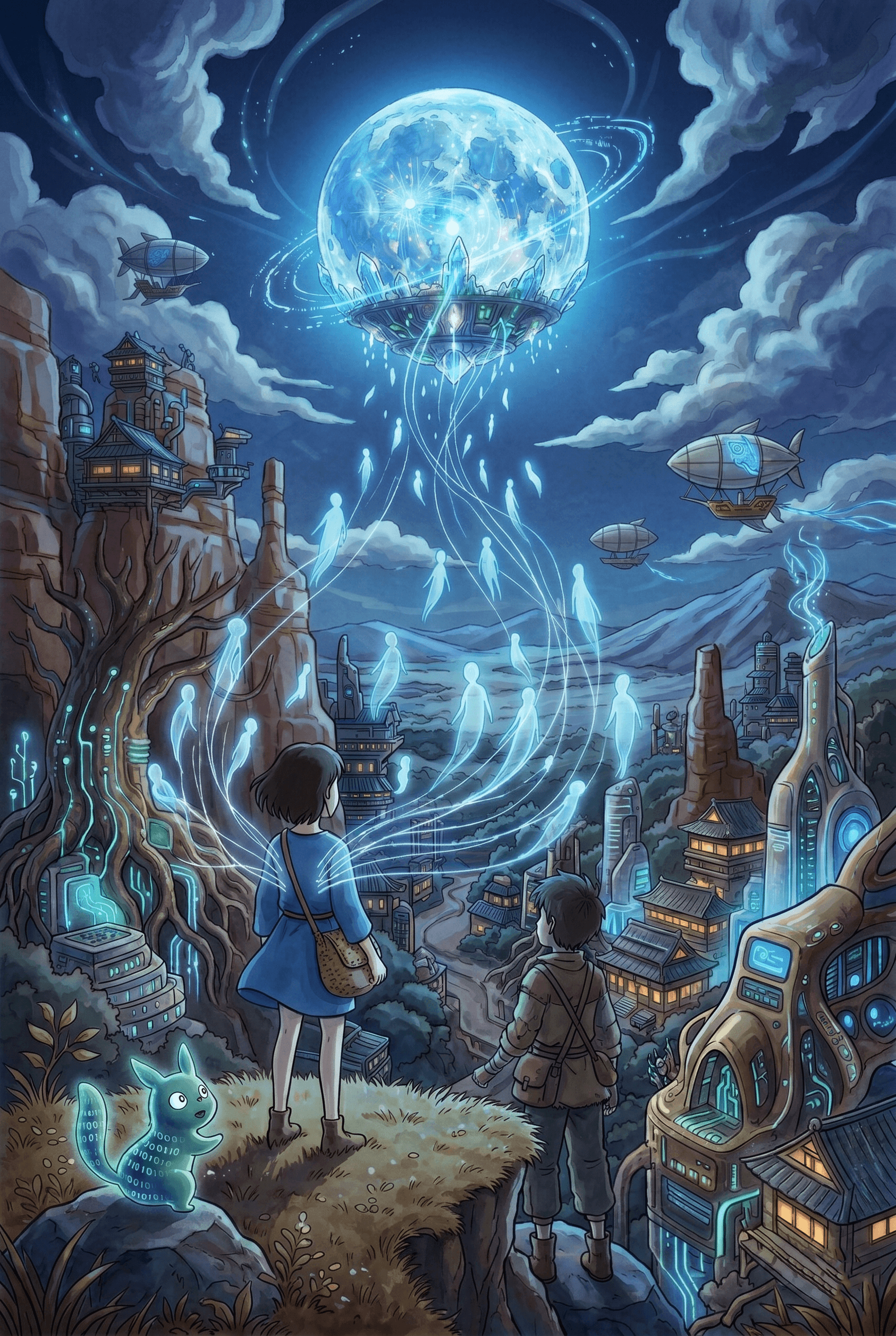 fantasy anime scene at night: A young girl and boy, with a digital blue-glowing animal, stand on a cliff overlooking a futuristic Asian-style village. In the cloudy sky, a massive, crystAnime al-encrusted blue data-sphere and several airships float. Luminous, blue, human-like spirits connect the village to the data-sphere. The style features detailed linework, vibrant blues, and magical realism.
