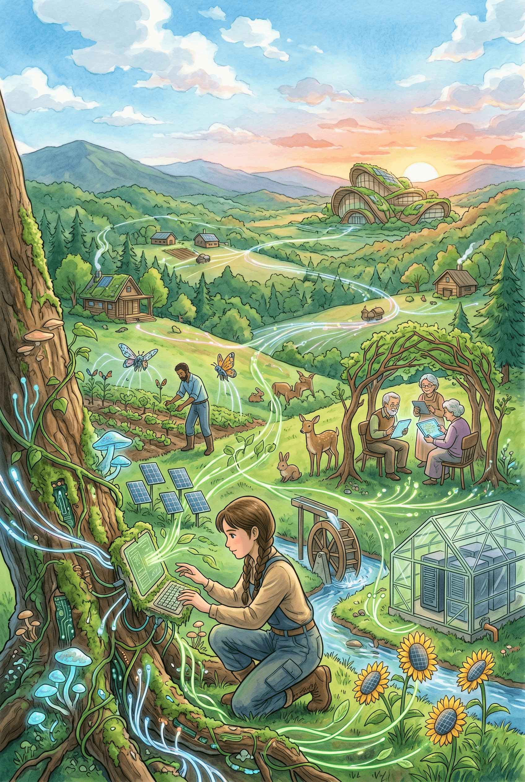 anime illustration of a sustainable rural community with a futuristic data tree, solar panels, wind turbines, and people farming with mythical forest spirits.