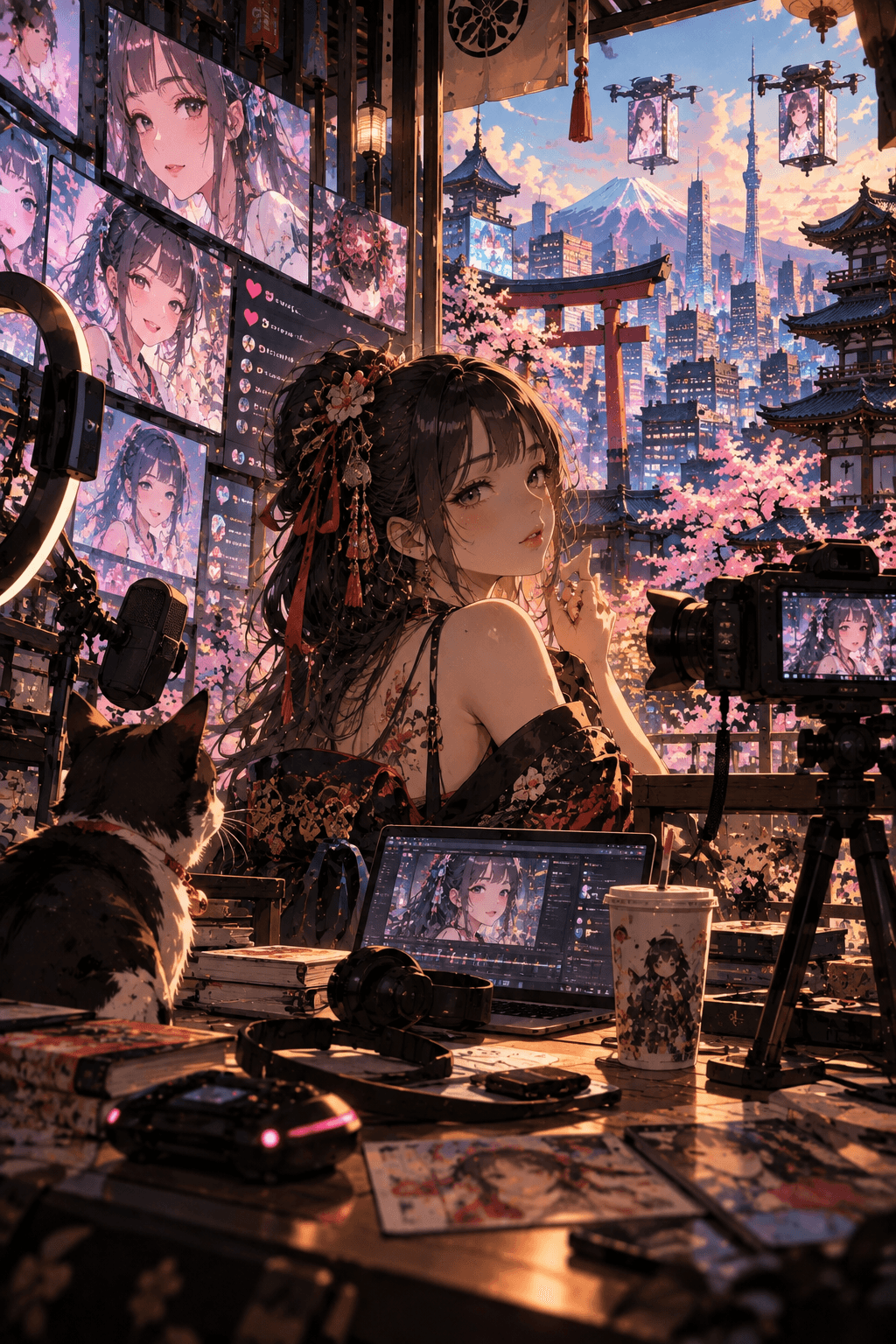 Anime-style illustration of virtual influencers illuminating futuristic Tokyo, blending Japanese culture with digital celebrity.
