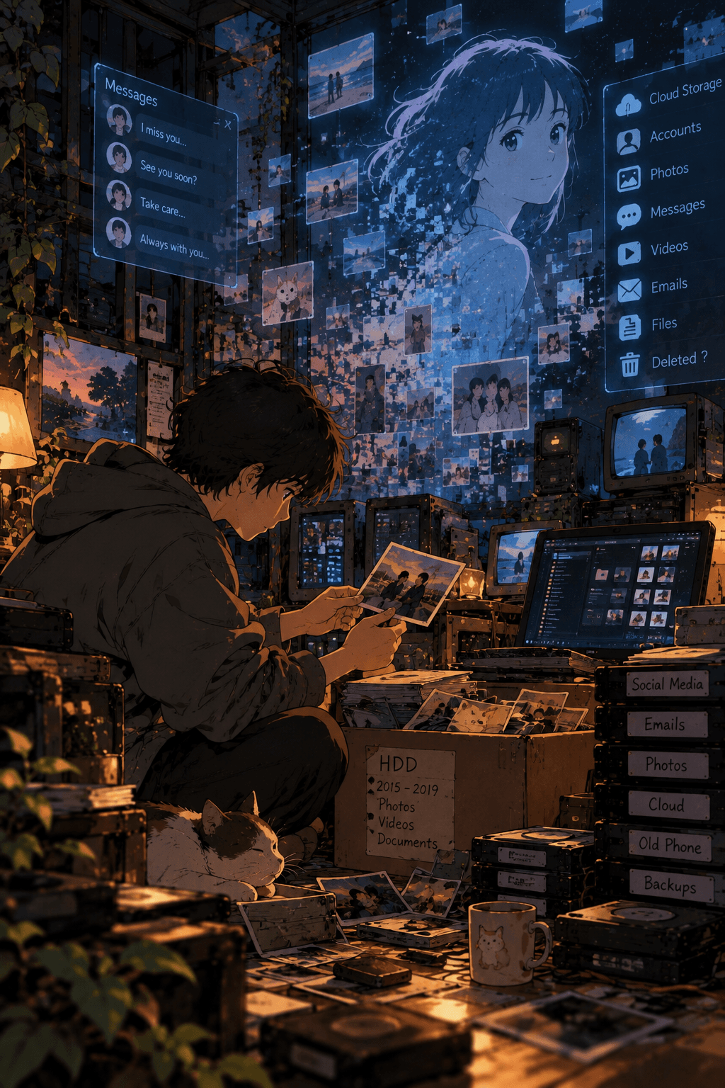 1990s anime-style illustration of a young man exploring a deceased loved one's digital memories, online accounts, and archived photos.
