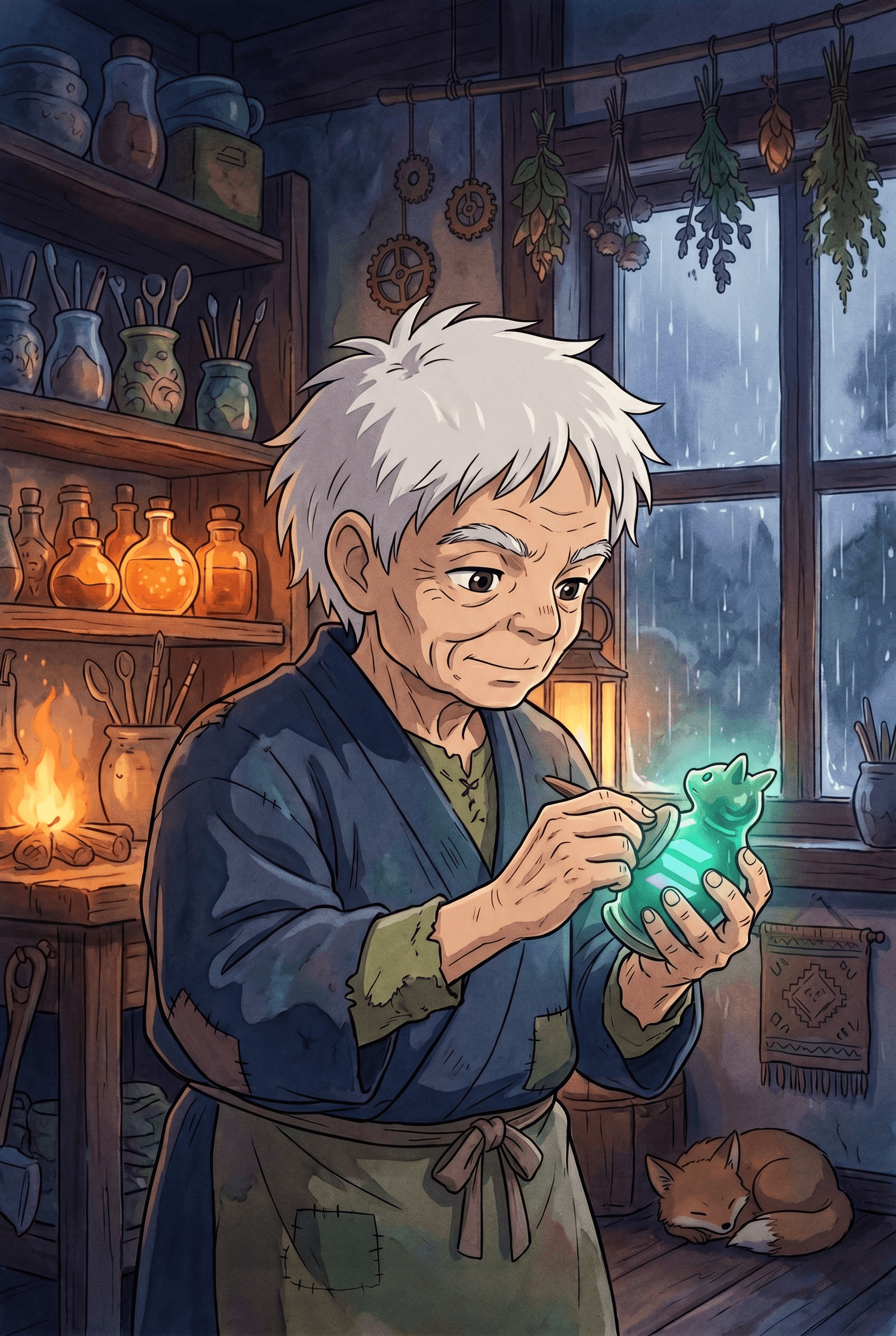 anime style cinematic illustration of an old artisan crafting a glowing Solana neon logo figurine inside a cozy workshop during a rainy bear market storm.