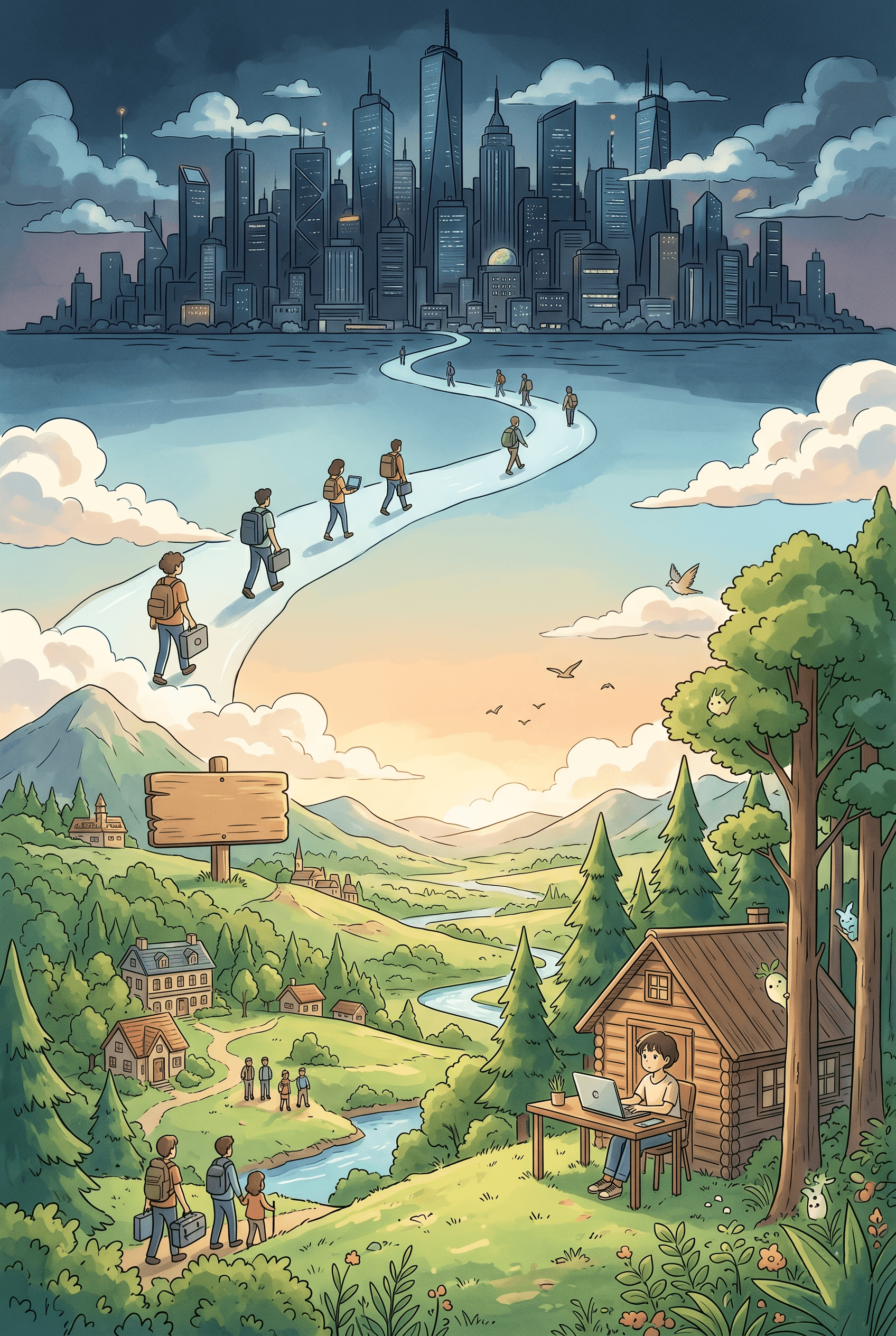 A anime-inspired poster illustration showing remote tech workers leaving a dark metropolis and walking a sky-path toward a peaceful, idyllic valley with cabins and laptops.