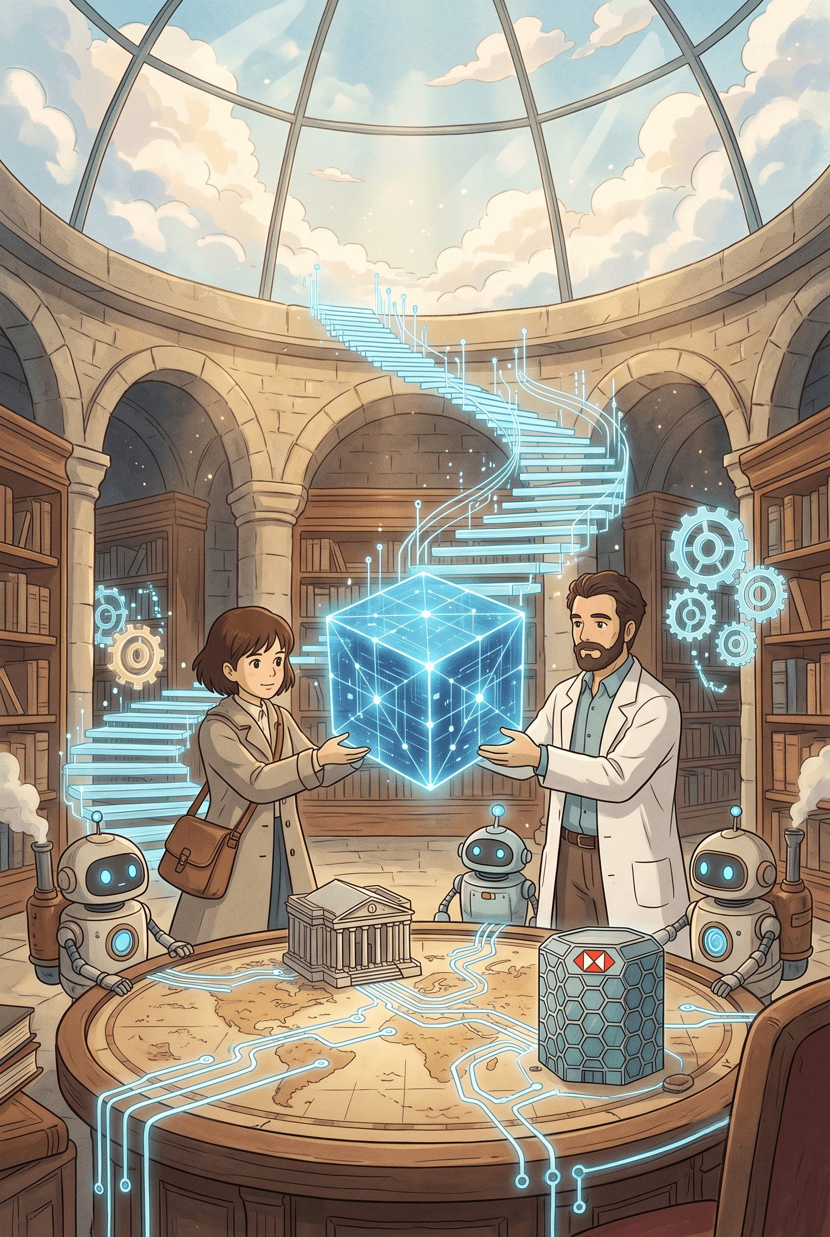 An anime-style artistic scene set beneath a classic library dome. At a central wooden table, a male engineer and a young woman holding a shoulder bag look intently at a glowing blue digital data cube. Surrounding the cube are three small, helper robots with blue eyes. The table surface is a map with blue circuitry lines connecting miniature models of a classic columned building (representing the Bank of England) and a hexagonal building with an HSBC logo. In the background, a spiral staircase made of glowing blue data ascends towards a sky visible through the dome. The scene includes bookshelves, gears, and a soft, traditional yet futuristic color palette. 2:3 vertical format.