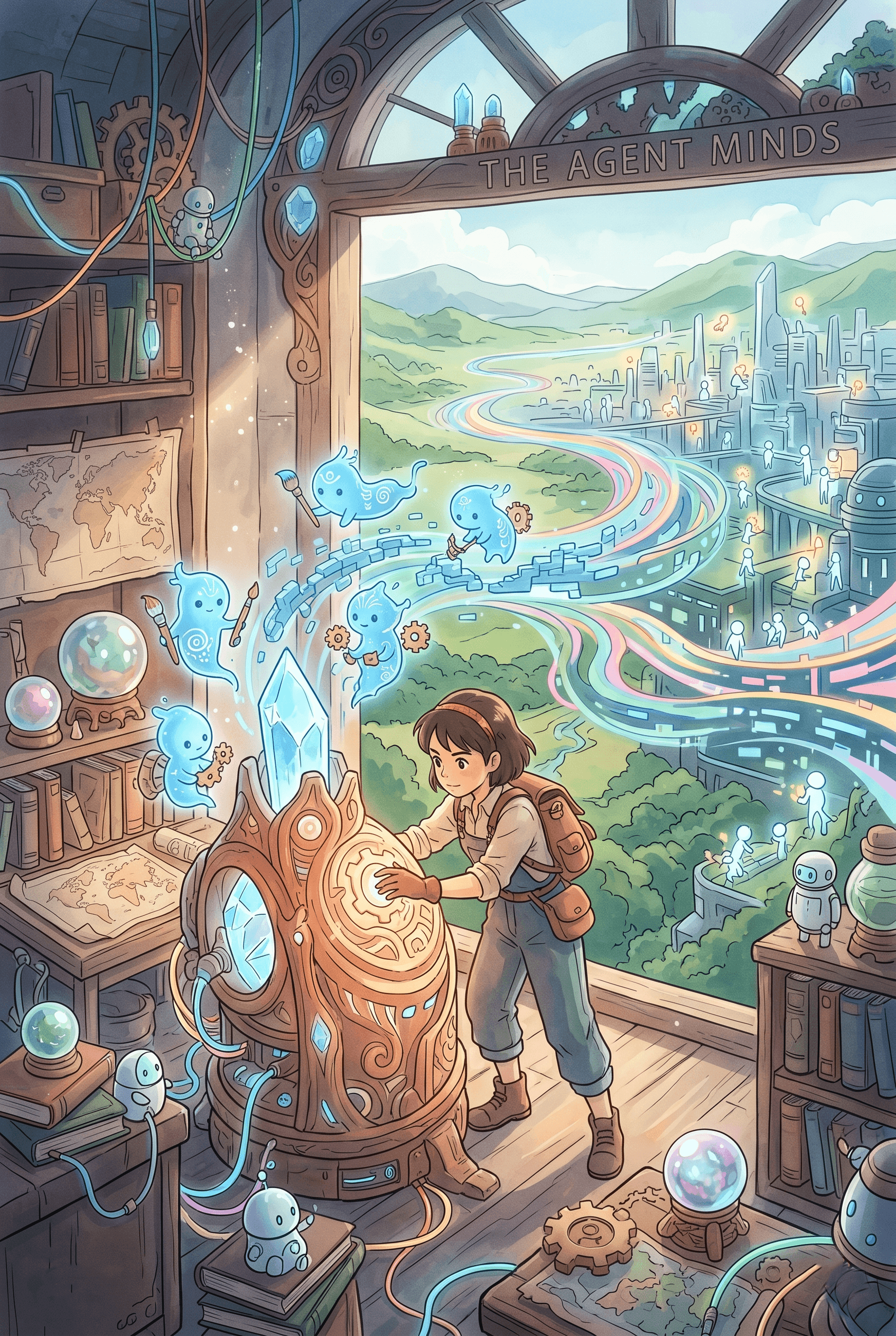 Anime art style poster. A young female artisan works in a cozy, sunlit workshop, operating a beautiful brass and wood crystalline machine. Ethereal, glowing blue spirit-like entities emerge from a large glowing crystal on the machine, carrying tiny gears and paintbrushes. These spirits flow out of a large arched window, turning into vibrant, multi-colored streams of data that connect with a futuristic, bustling eco-city in the background. The scene is full of warmth, books, and magical glowing globes.