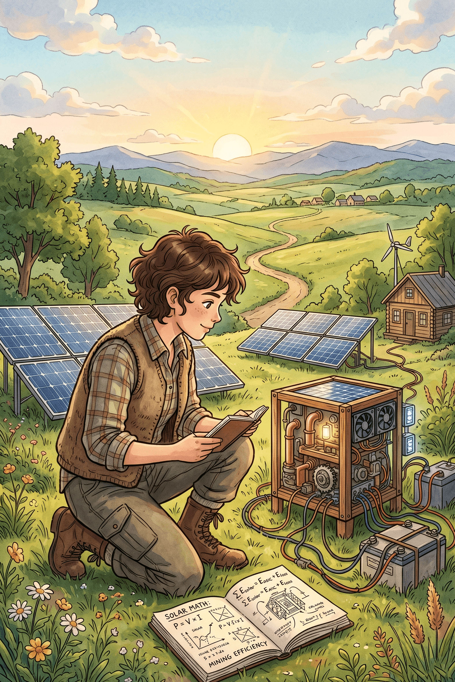 Anime style illustration of a person calculating solar panel mining efficiency in a rural off-grid homestead at sunrise.