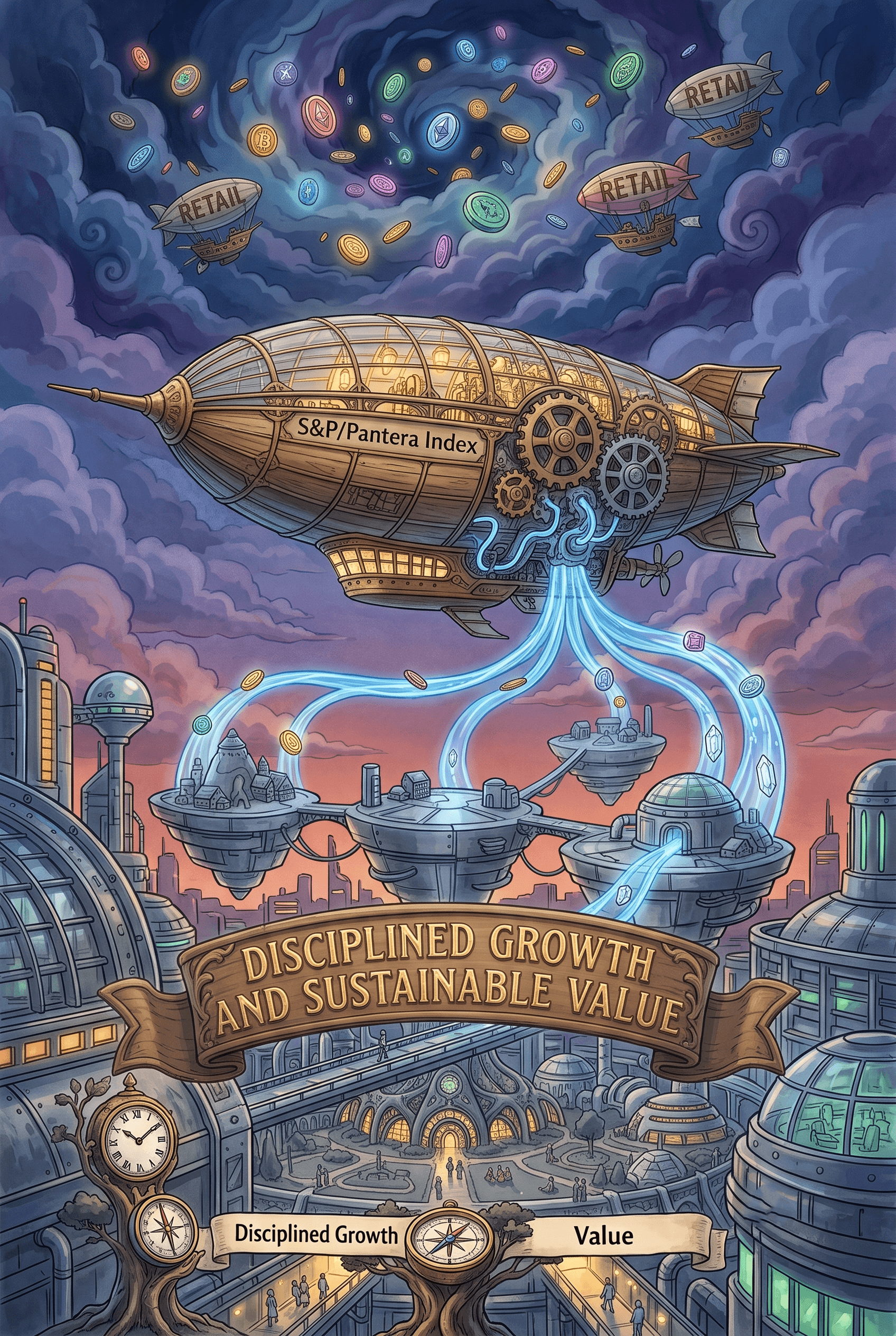 anime style illustration of an S&P Pantera airship funding Web3 protocols over a twilight city, representing institutional digital asset valuation.