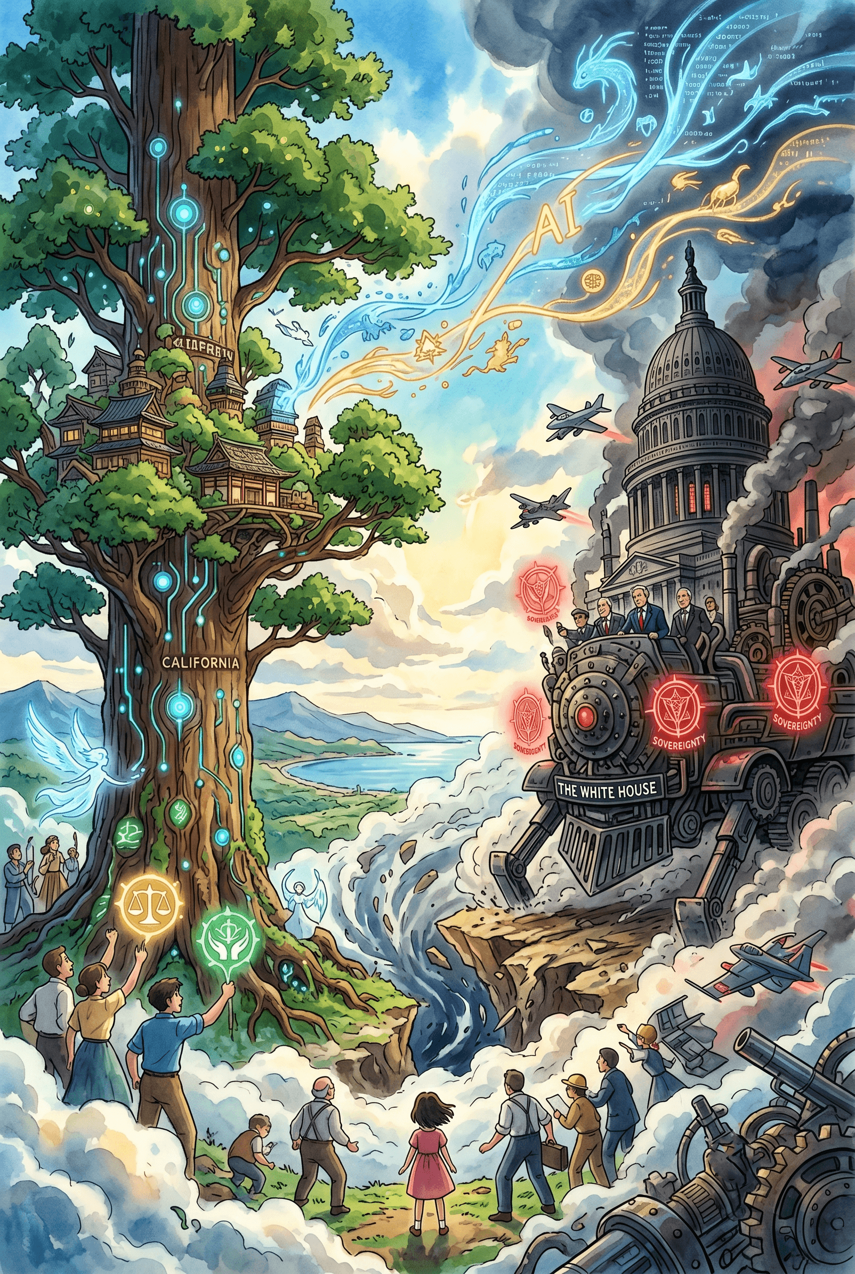 A Studio Ghibli-inspired vertical artistic poster depicting a division between California and Washington, D.C. over AI. On the left, a massive, ancient tree representing California glows with blue circuit patterns, lush green leaves, and traditional Japanese-style houses embedded in its branches. People stand below holding glowing symbols of scales and balance. On the right, a giant, mechanical steam-locomotive machine on legs, representing the White House, emits dark smoke and features glowing red sovereignty symbols. In the center, a deep chasm separates the two landscapes, while vibrant blue and gold streams of digital light and AI spirits clash in the sky above.