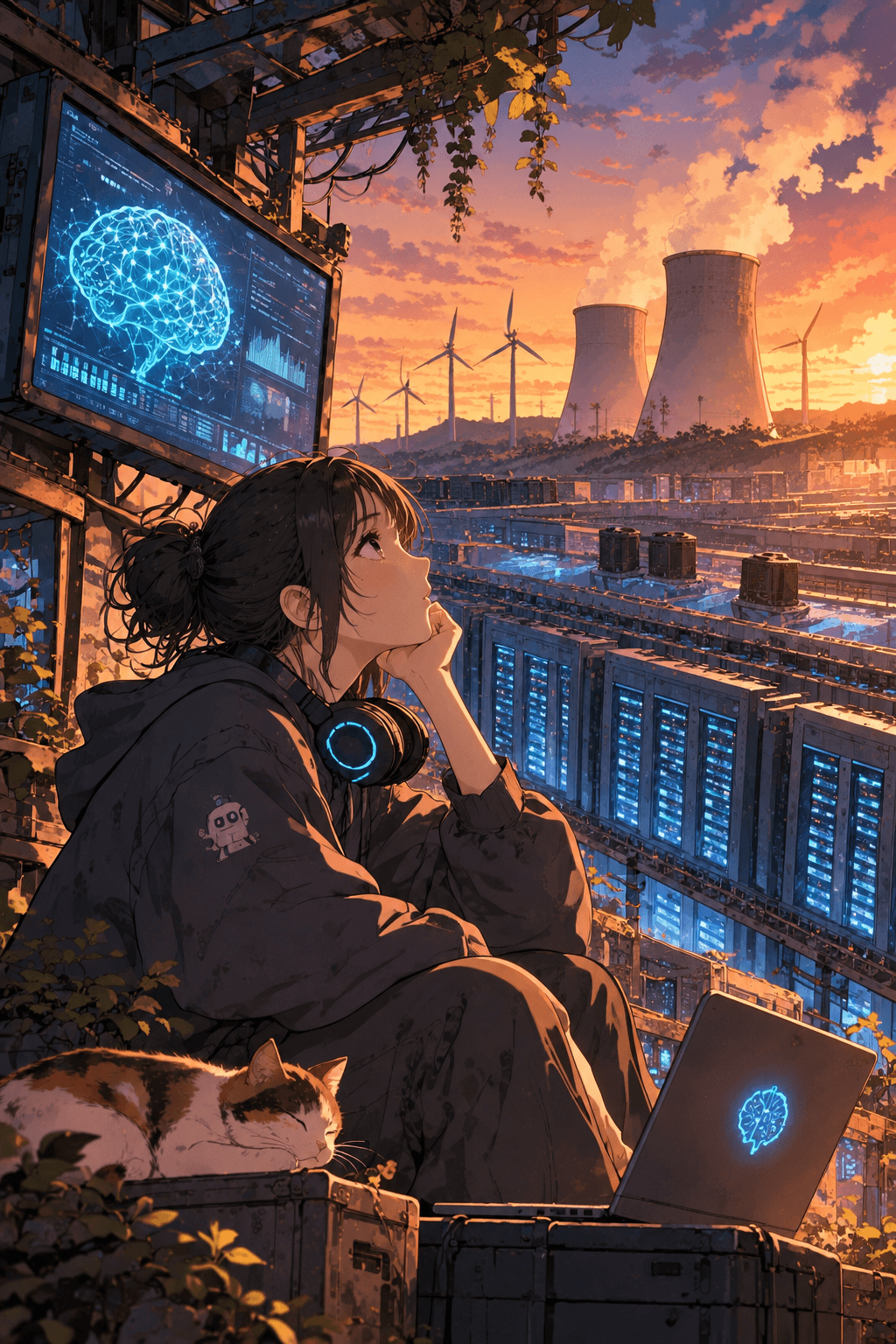 Anime-style illustration of massive AI data centers, glowing servers, and power infrastructure highlighting artificial intelligence's energy consumption.