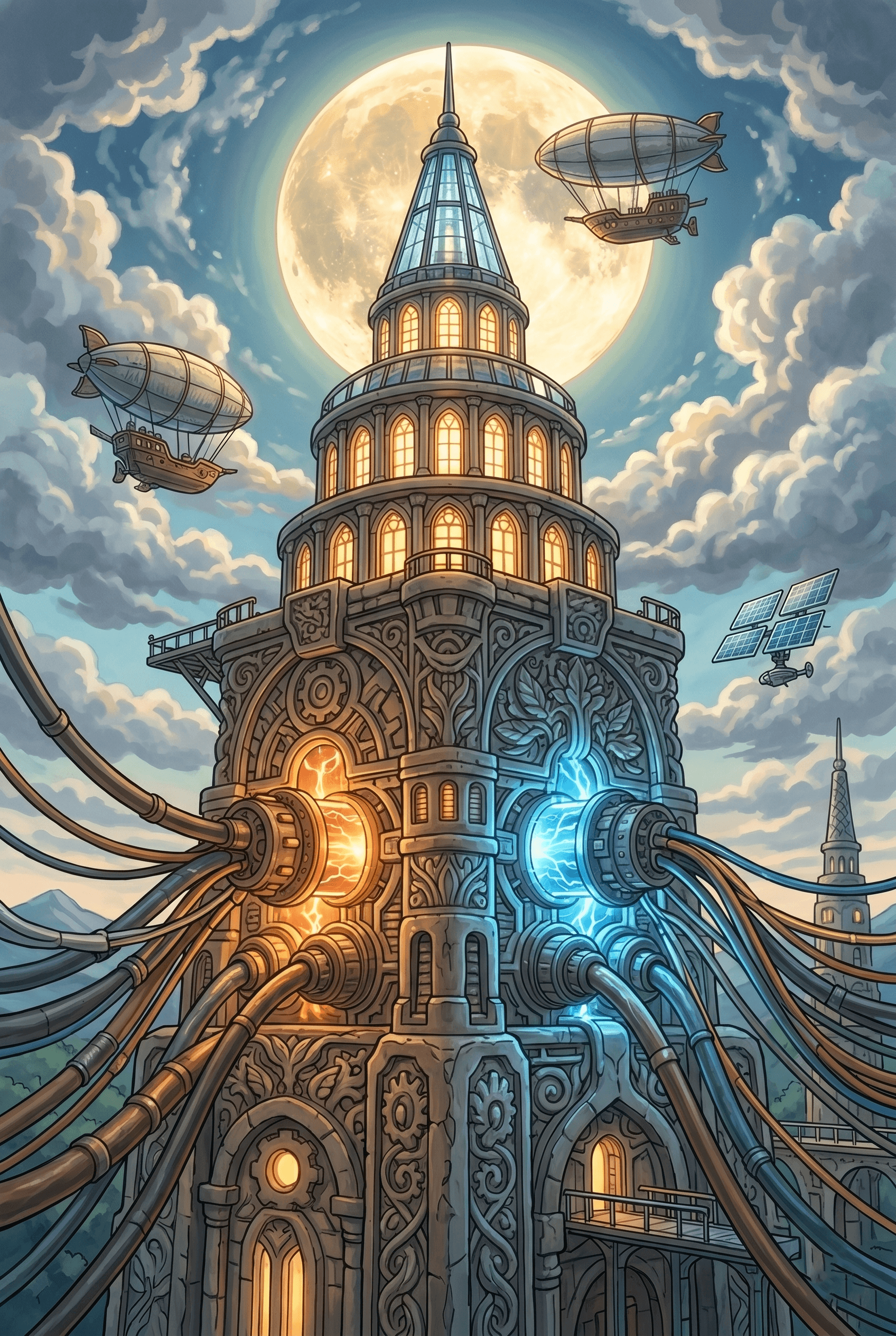 Retro-futuristic AI infrastructure tower powered by glowing energy networks and advanced technology
