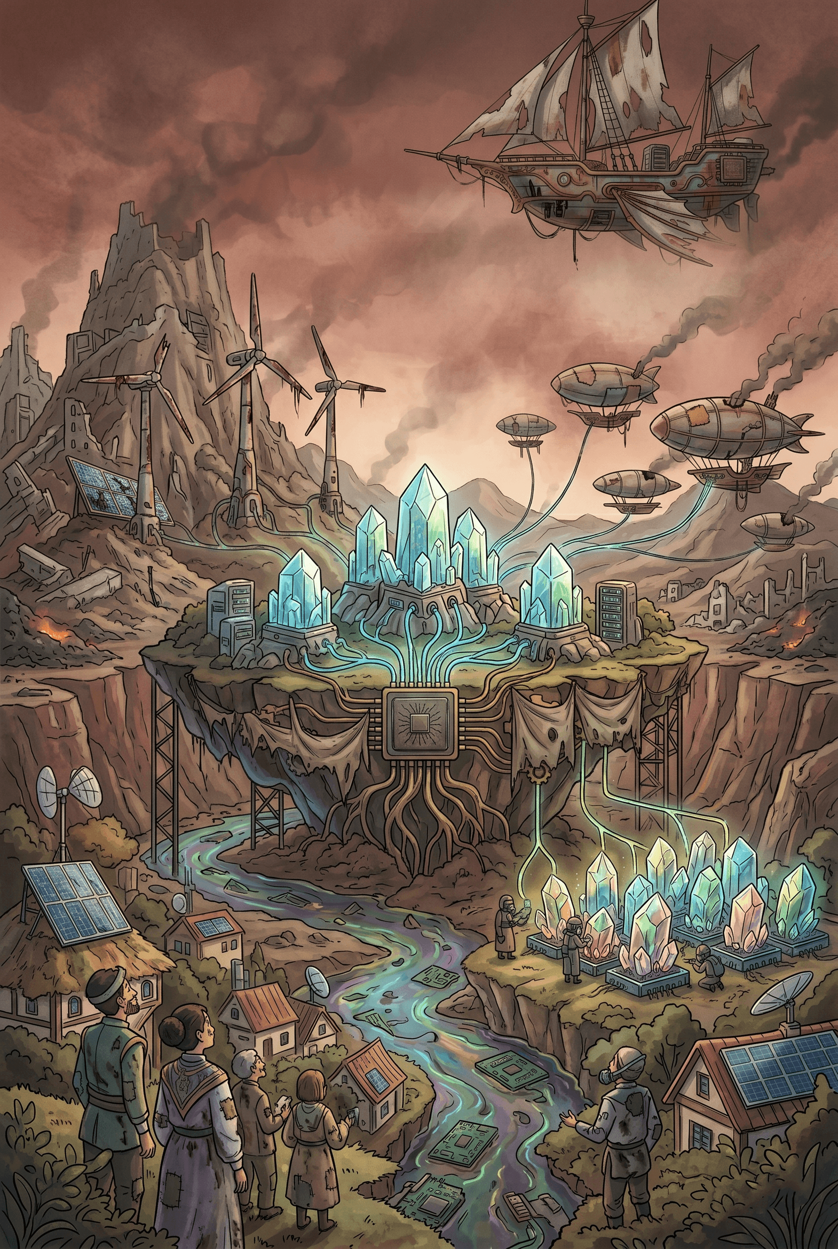 Detailed steampunk fantasy illustration of a post-apocalyptic world where a thriving community with solar panels and windmills gathers below a glowing floating island powered by giant crystals and a massive central CPU, all under a smoggy, orange sky with a decaying airship.