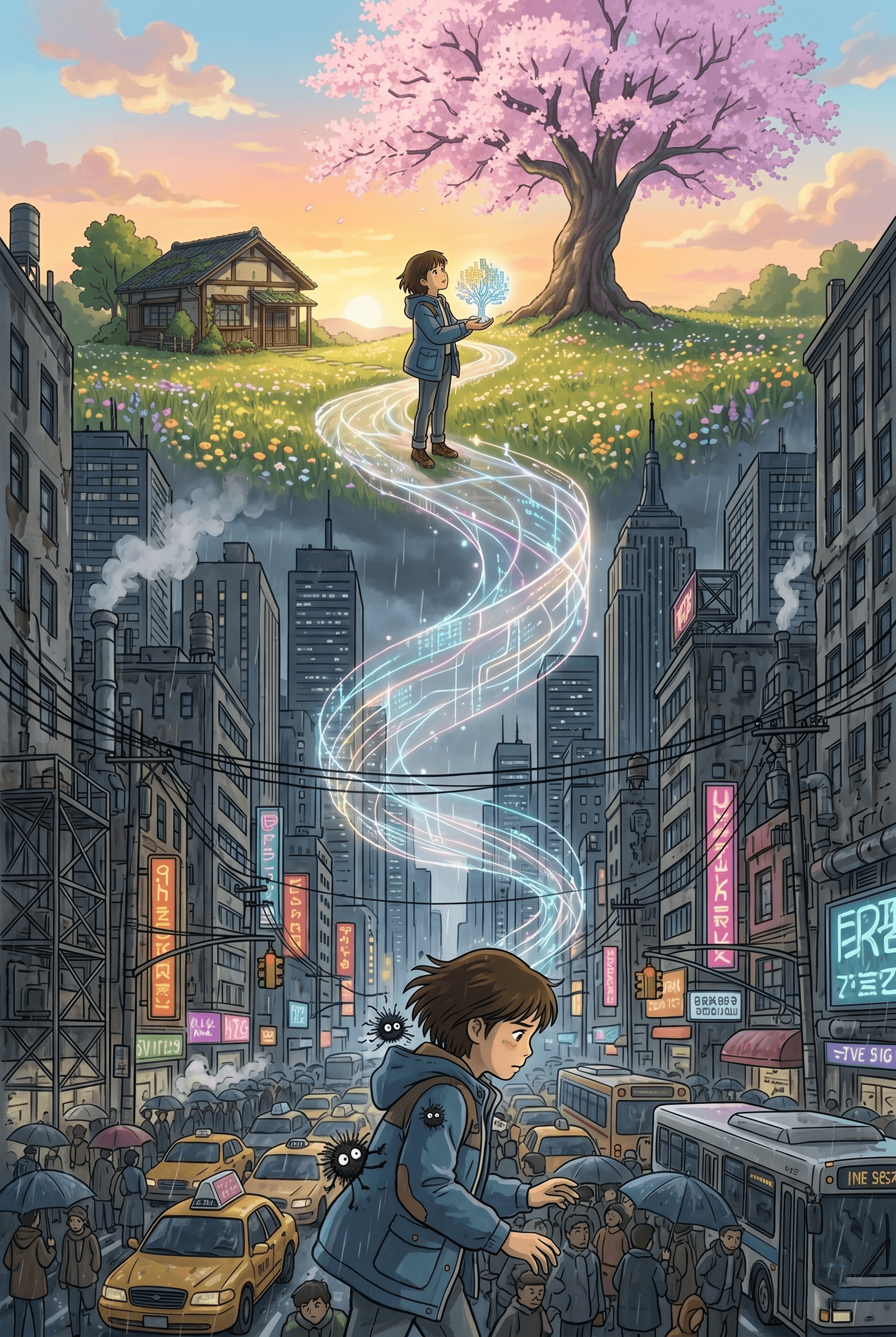 Contrast between peaceful digital nature and crowded futuristic city connected by flowing data streams. anime style