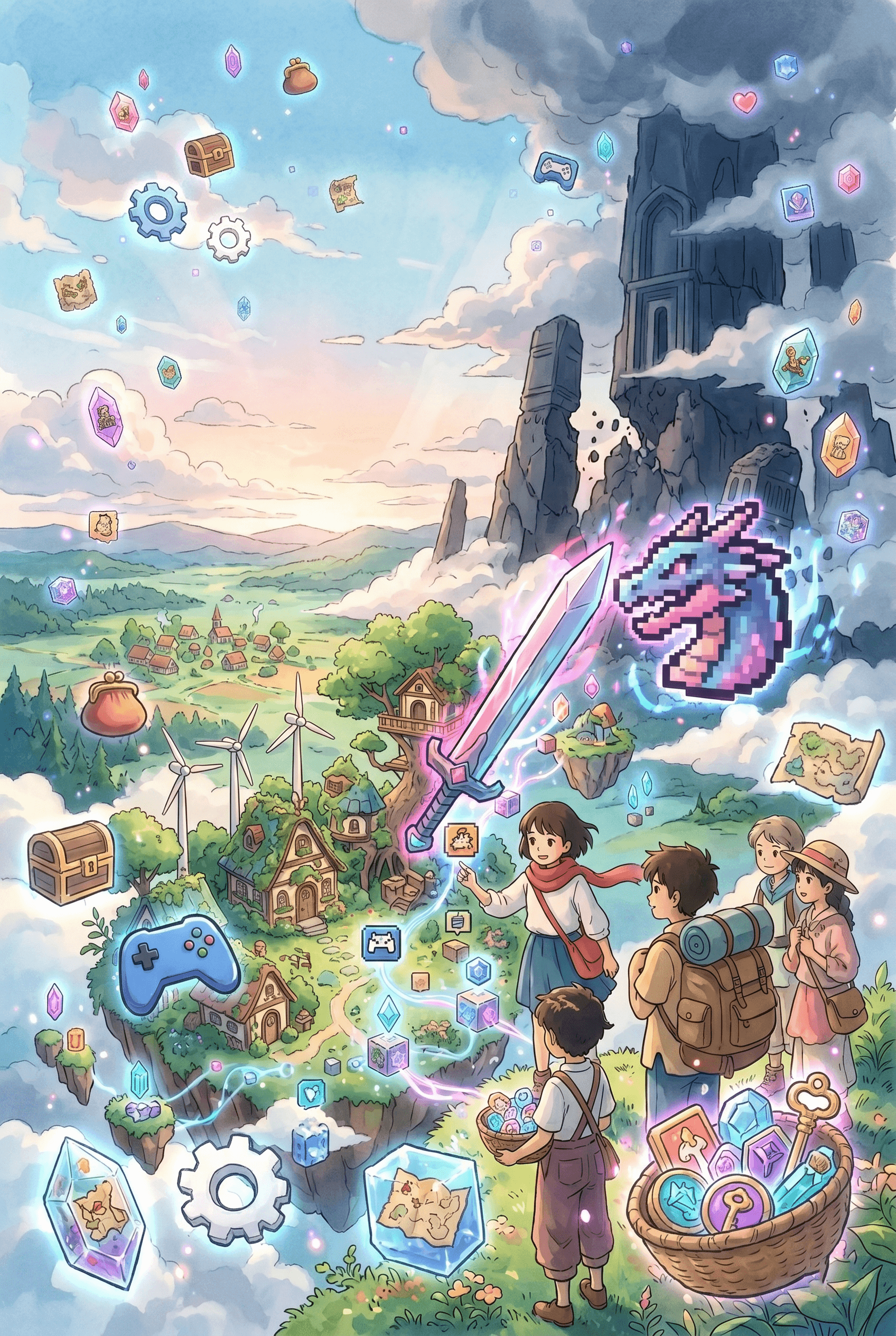Fantasy GameFi world with floating rewards, digital items, and adventure-inspired blockchain gaming, anime style