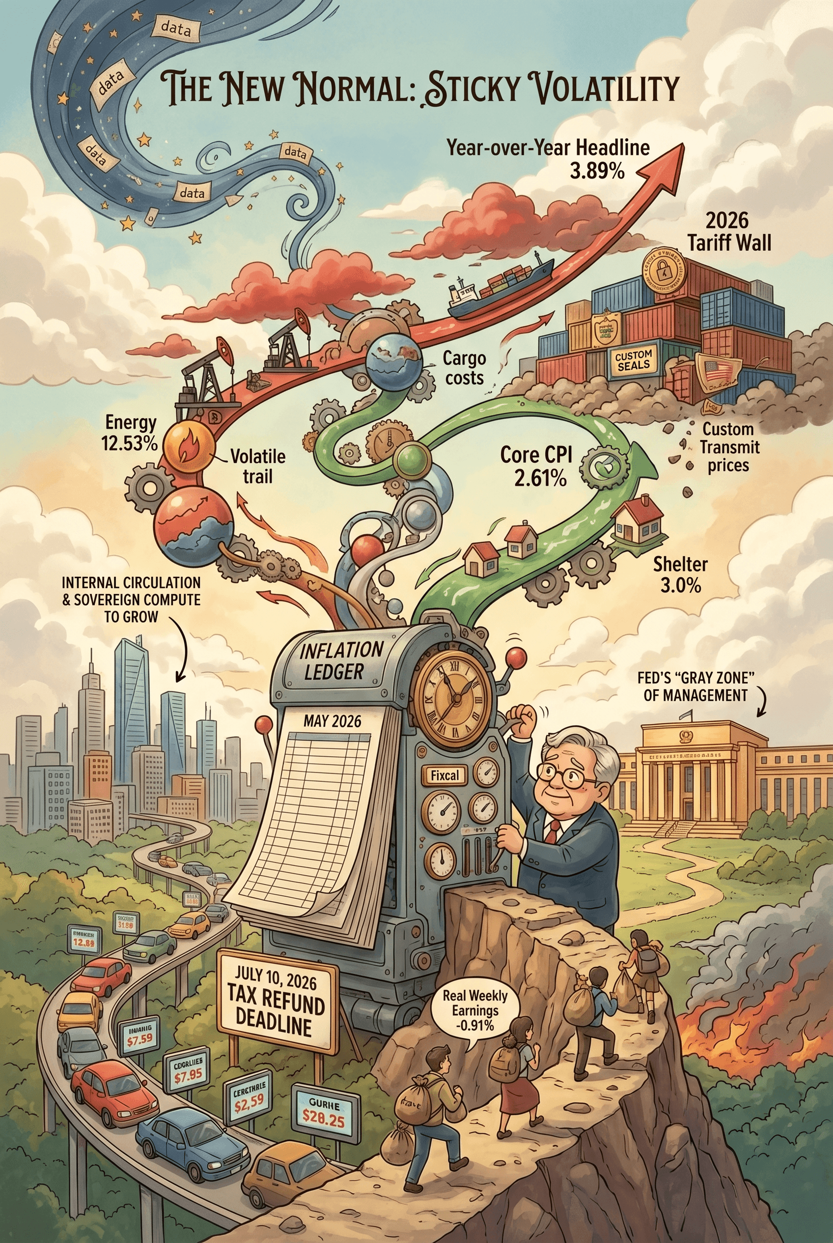 A Miyazaki-inspired editorial illustration of the May 2026 CPI report. It features a central "Inflation Ledger" machine operated by a central banker on a cliffside, with colorful winding paths representing Core CPI and Energy inflation rising into a turbulent sky.