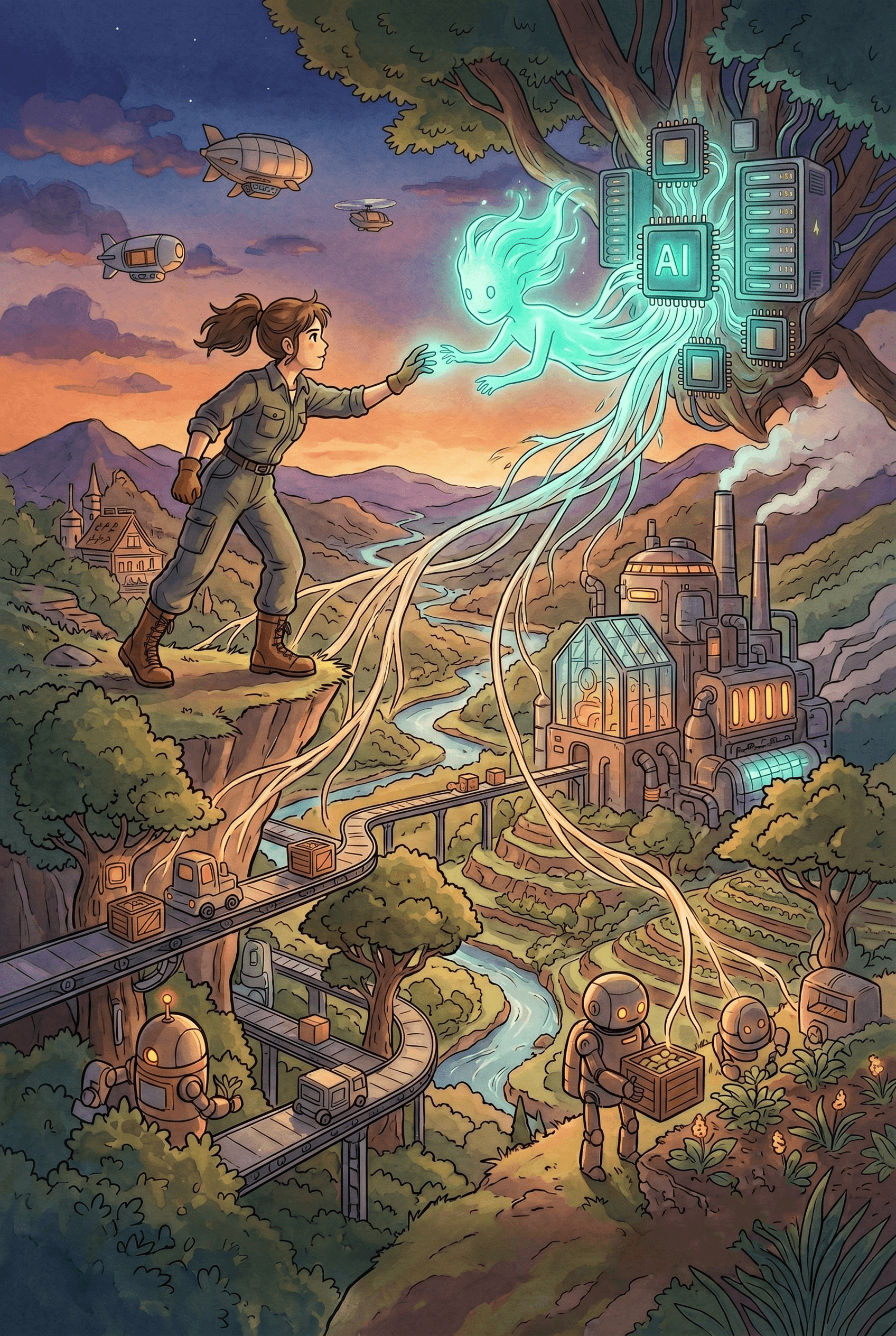 anime poster illustrating Physical AI, featuring a young female mechanic in overalls on a cliff reaching out to a glowing, ethereal AI spirit that emerges from a technologic tree. Below, a lush valley blends nature with industry, showing factories, greenhouses, conveyor belts, and small vintage robots farming and moving cargo in a 2:3 vertical format without borders or text.