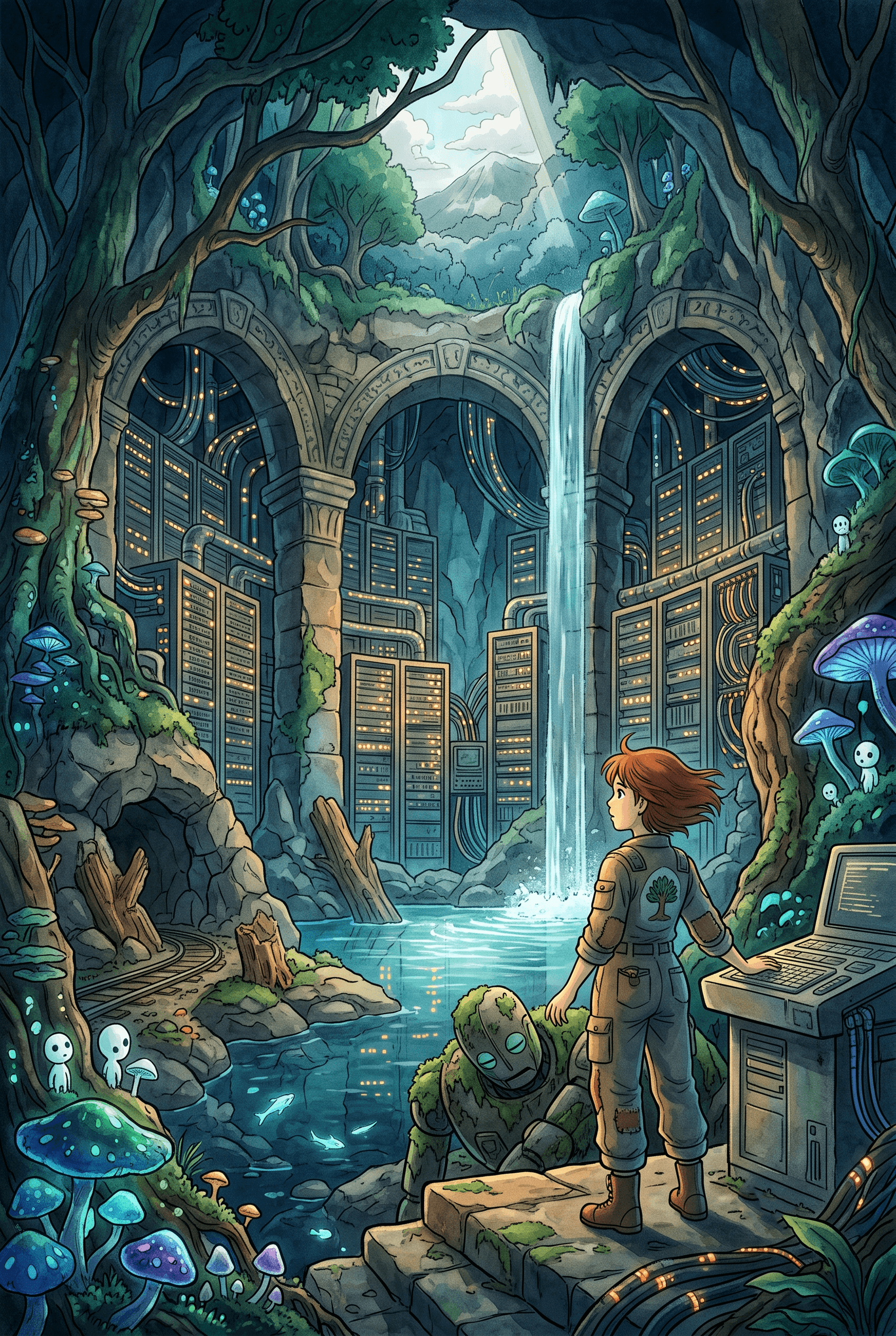 A vertical 2:3 anime style illustration of an underground data center built inside an old, abandoned mining cave. Towering server racks are integrated into ancient stone arches, surrounded by lush green moss, roots, glowing mushrooms, and a flowing waterfall. A young mechanic girl looks at a mossy robot near a retro computer terminal, blending industrial technology with nature.