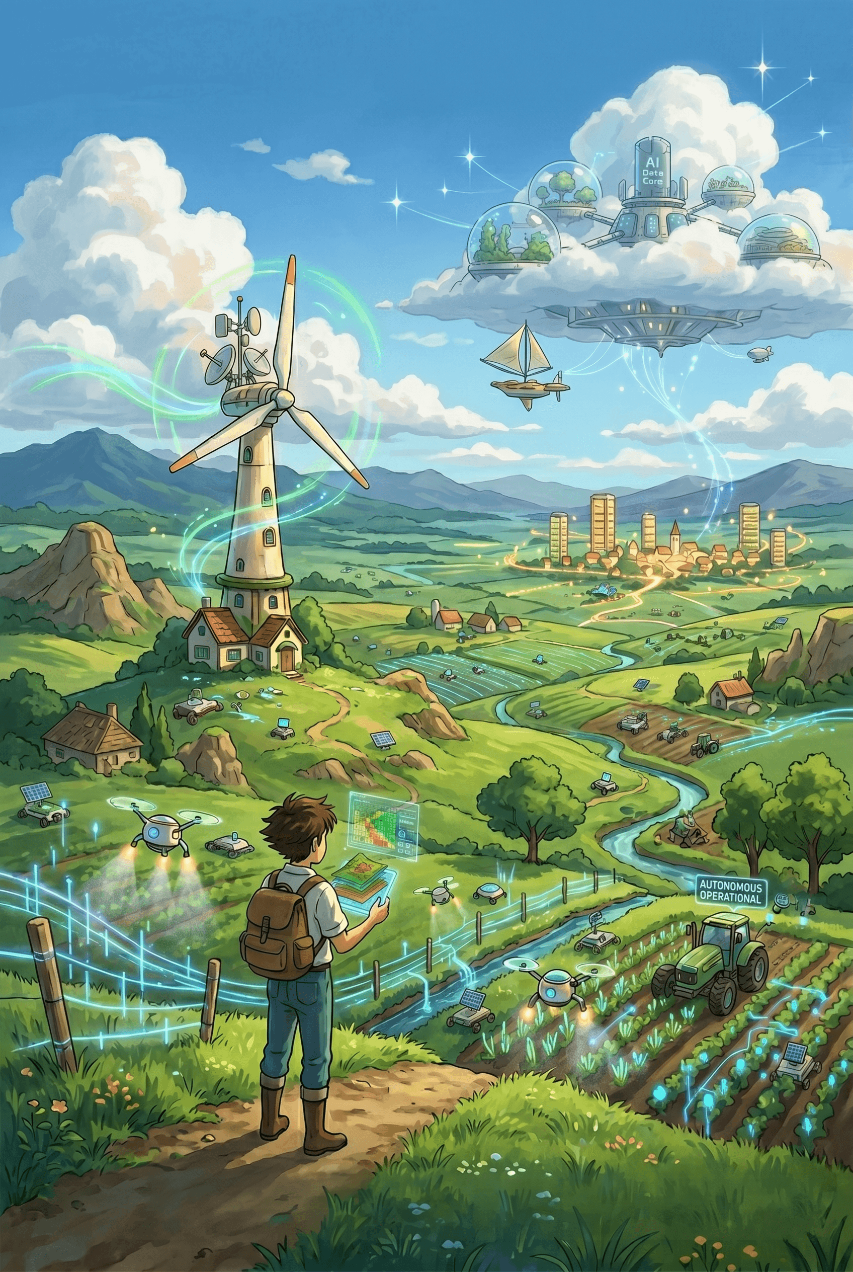 A Ghibli-style illustration of a high-tech farm where a young person monitors crops using a holographic tablet. The landscape features autonomous tractors, drones, a large wind turbine, and a futuristic floating AI data center in a bright, green valley.