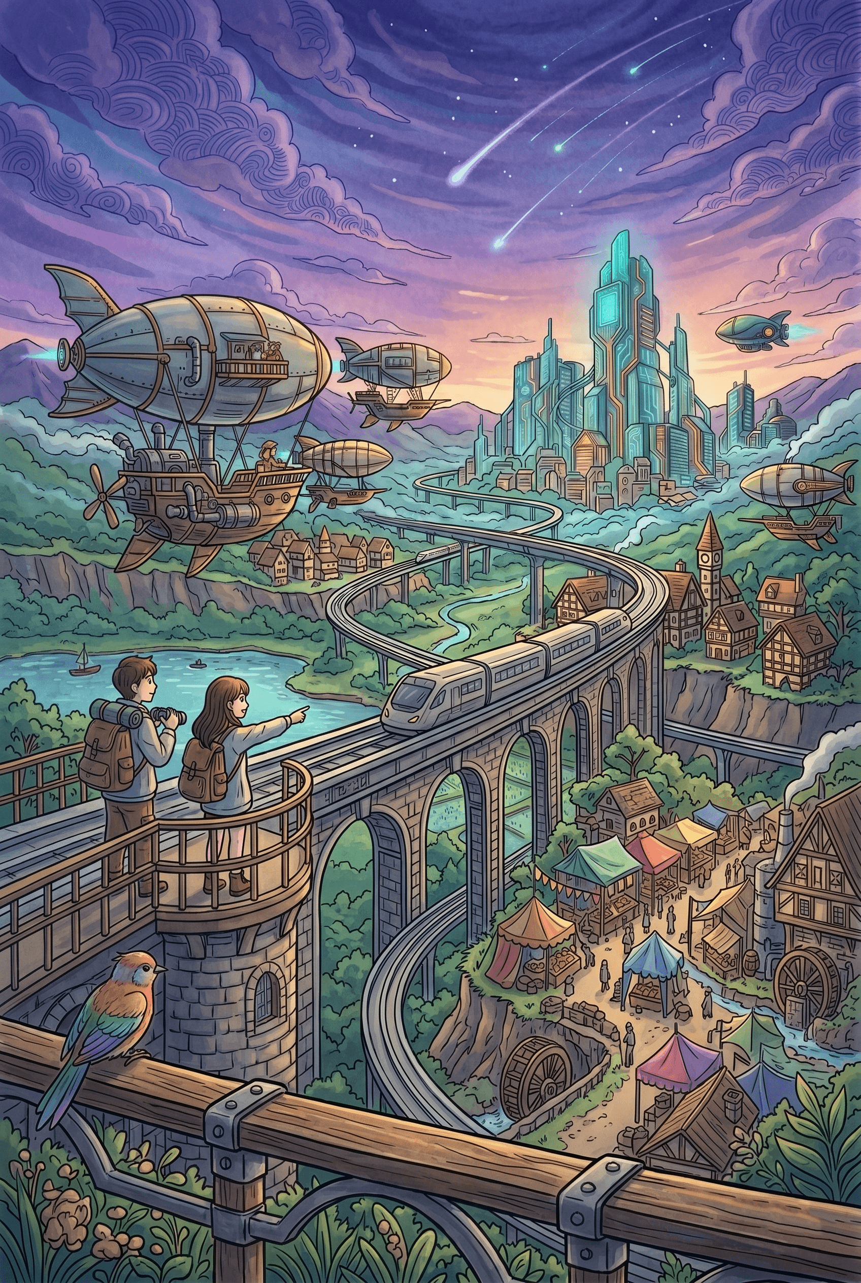 A fantastical anime-style illustration of a steampunk-meets-futuristic world, seen from an elevated stone bridge. Two young travelers with backpacks look out at a valley where a maglev train crosses an ancient arch viaduct. In the distance, a massive sci-fi city with glowing cyan crystal towers rises below a purple twilight sky filled with meteors. Several elaborate wooden airships float above a quaint medieval village and bustling market. A colorful bird is in the immediate foreground on a railing.