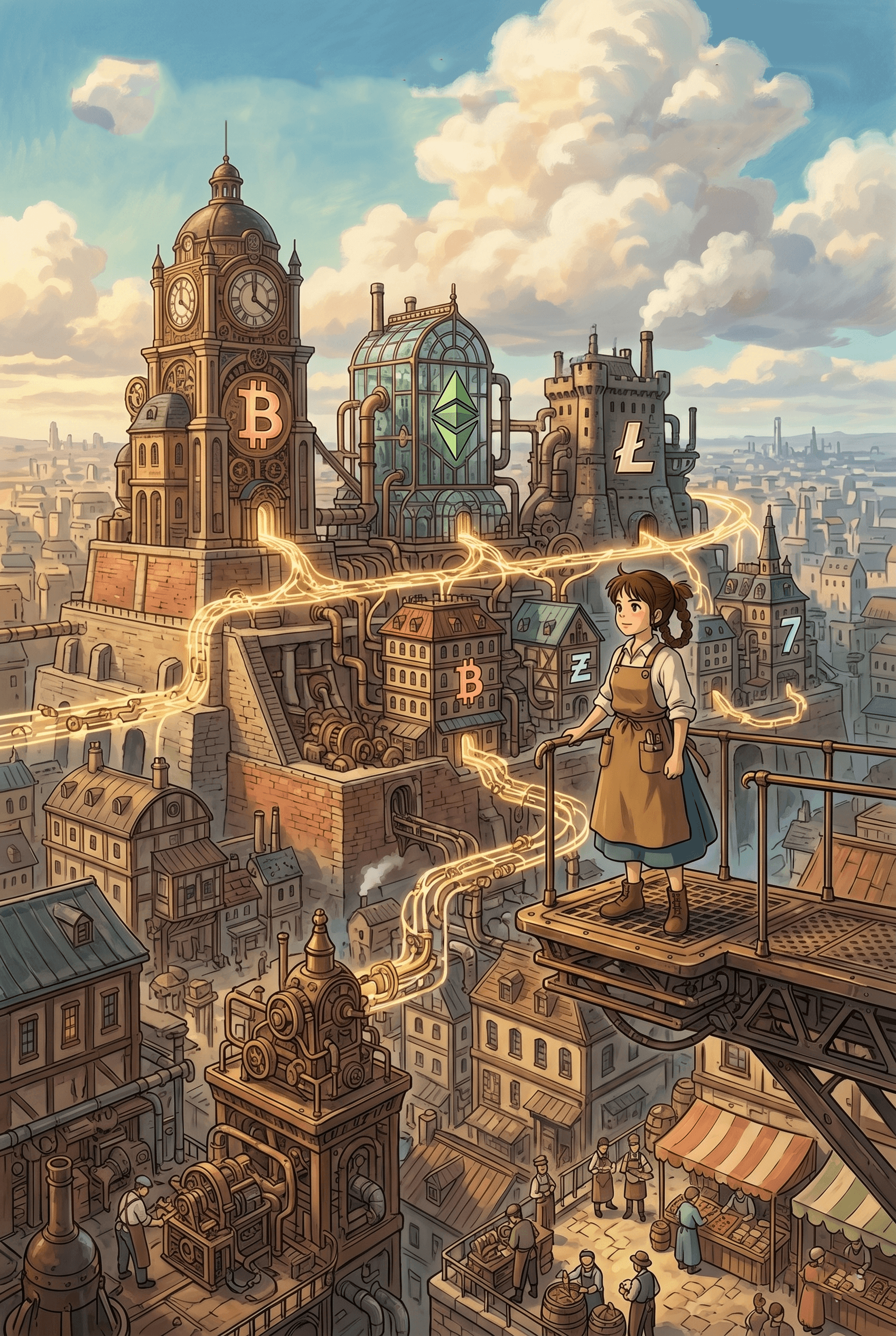 anime style anime poster of a steampunk town representing proof of work networks and crypto mining ecosystems with bitcoin and ethereum symbols