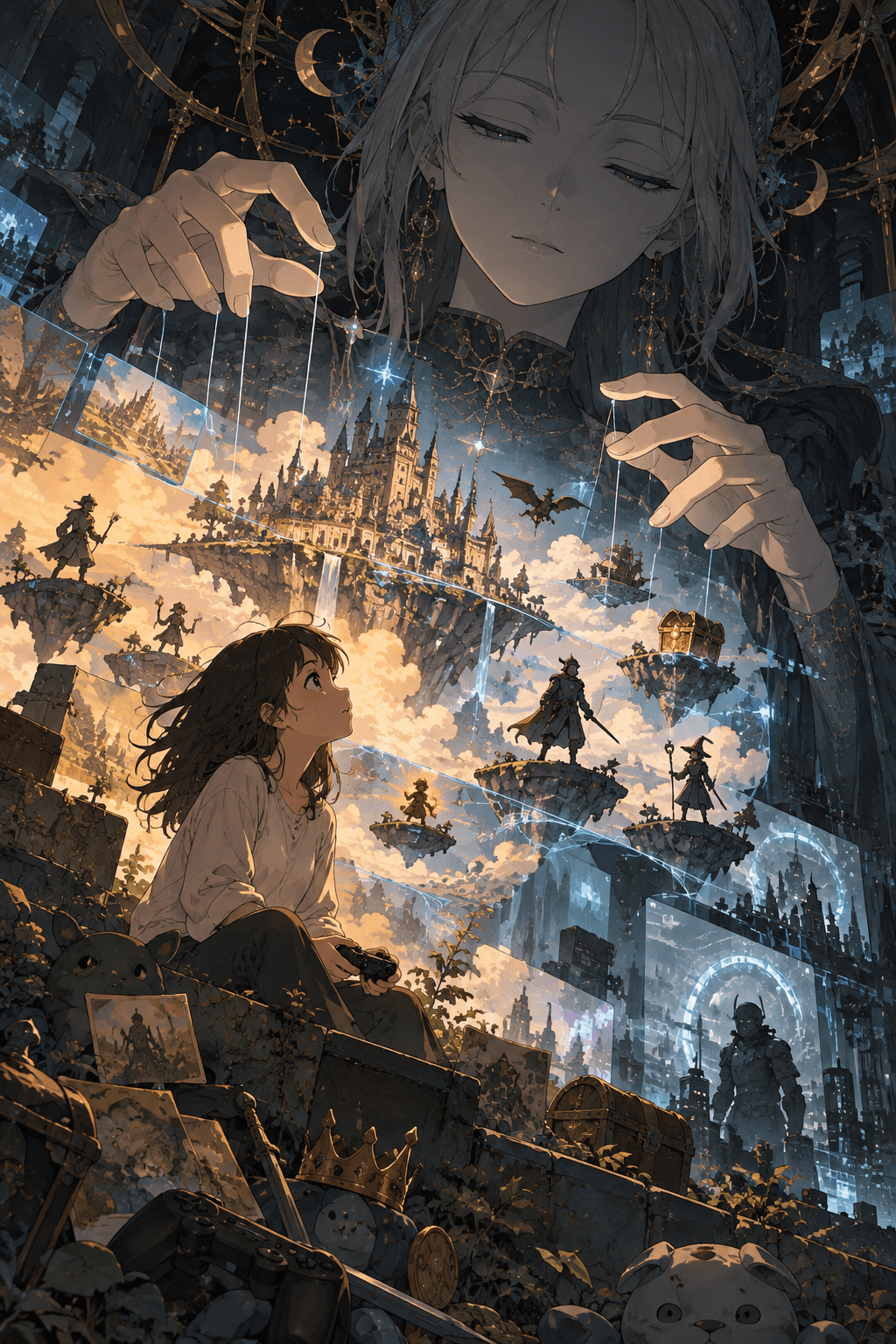 Anime-style illustration of a gamer exploring a fantasy world controlled by digital forces, symbolizing virtual ownership.