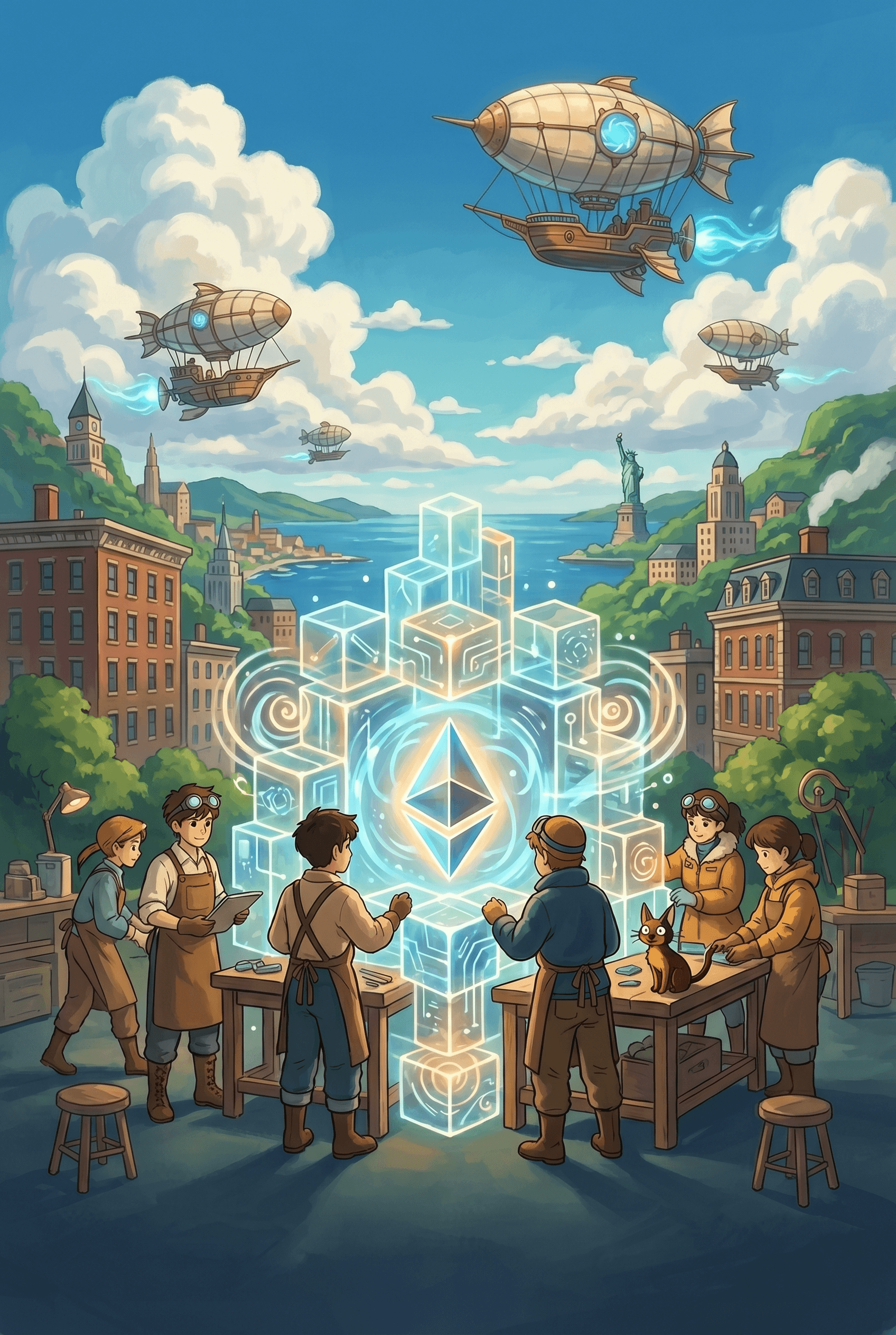 Retro-futuristic builders collaborating around Ethereum technology in a decentralized digital world