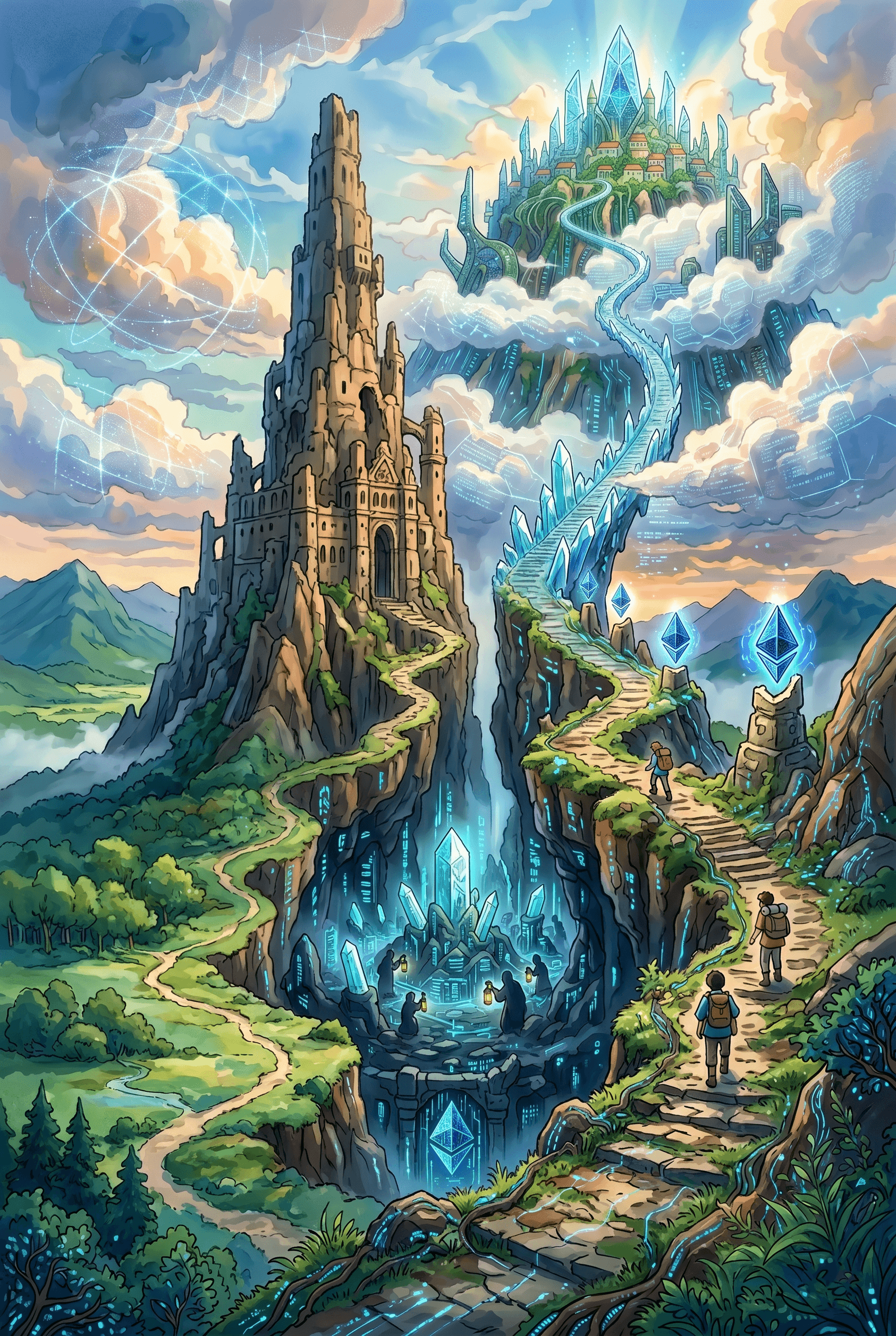 anime style cinematic poster for Ethereum, showing travelers walking a mountain path leading down into a digital neon abyss with ETH logos and up toward a futuristic crystal city in the clouds.