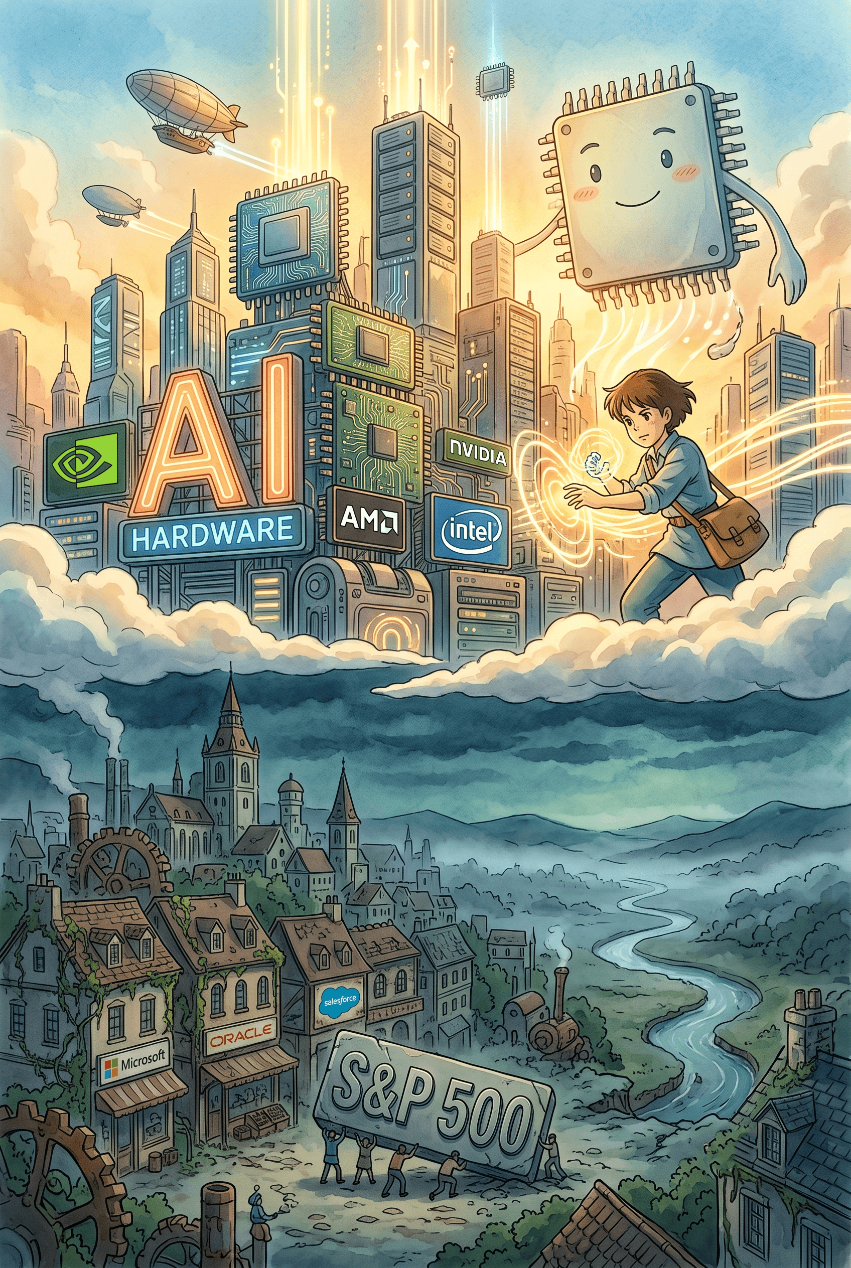 anime poster featuring a glowing floating city made of massive AI microchips and hardware giants in the vibrant sky, contrasting with a grounded, rustic town below where software companies struggle to push a heavy stone carved with S&P 500.