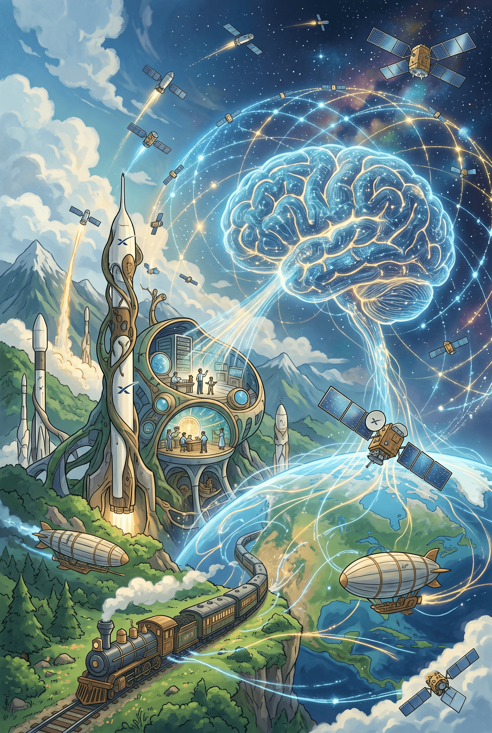 Anime inspired anime poster featuring a vine-draped SpaceX rocket on a lush mountain cliff, launching toward a massive glowing cosmic brain that connects to a satellite constellation above Earth.
