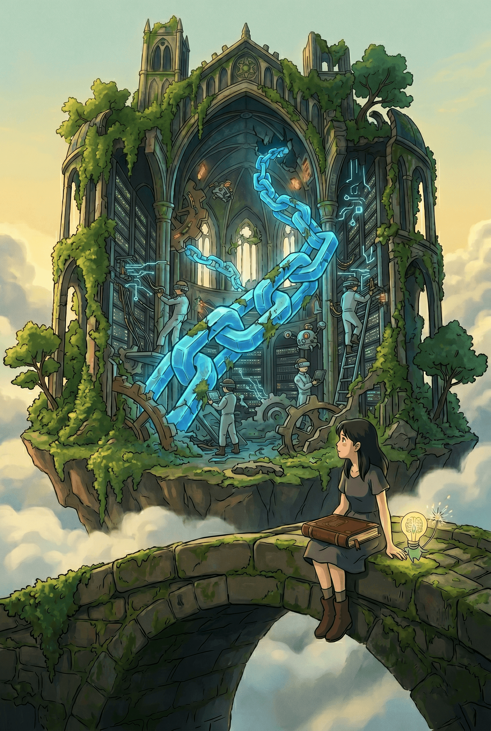 Ghibli style illustration of a girl on a mossy bridge looking at a massive blue chain inside an ancient, overgrown floating library filled with workers in AR glasses.