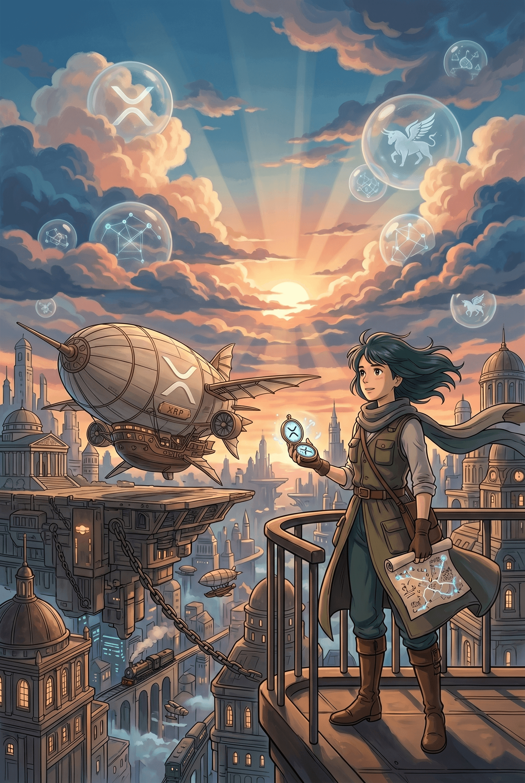 Retro-futuristic XRP-inspired cityscape with airships, digital finance symbols, and blockchain innovation