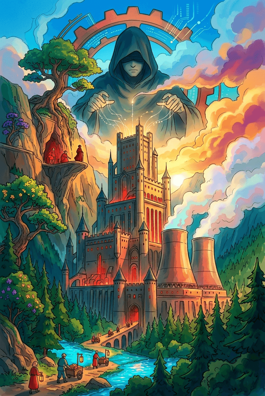 A vibrant Ghibli-inspired art poster depicting a colossal, glowing data center castle nestled in a lush forest, with a mysterious hooded figure casting ethereal digital light from the clouds above.