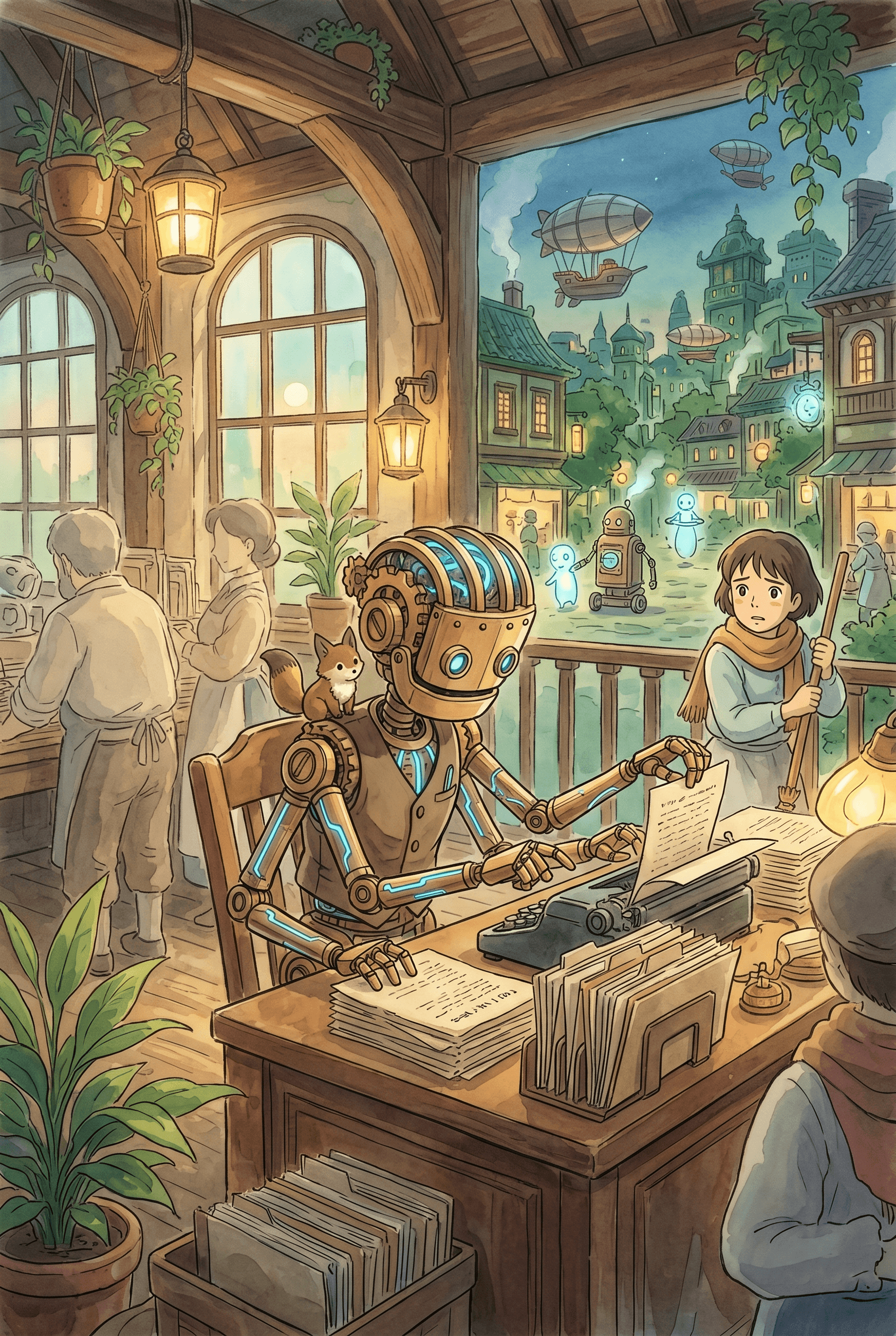 Miyazaki-style anime illustration of a steampunk robot working at a desk with a typewriter, replacing a young apprentice who watches in silence. Whimsical studio ghibli aesthetic, watercolor textures, and a bustling fantasy city in the background.
