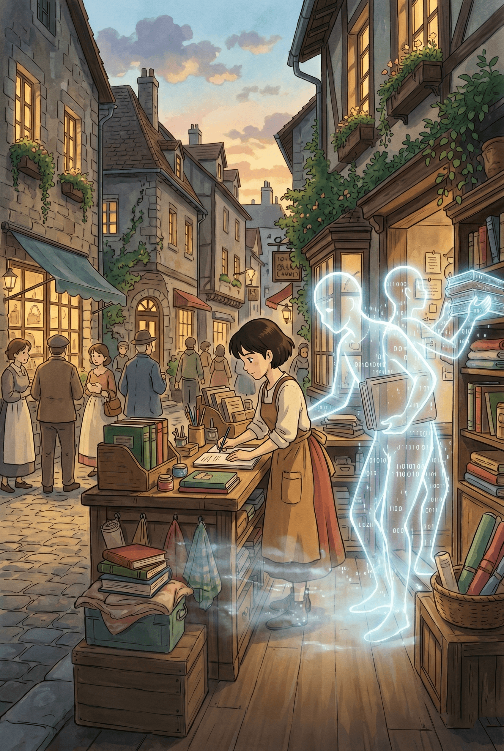 Retro-inspired bookstore scene with a glowing AI assistant helping a writer in a cozy old-town street
