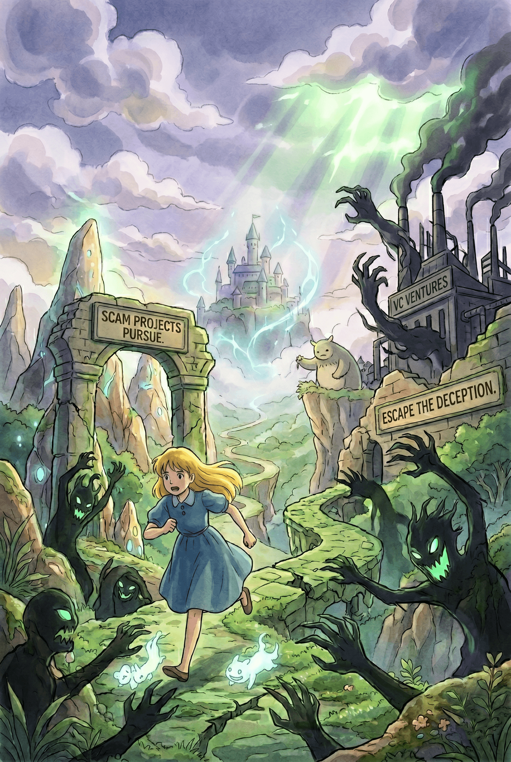 Ghibli style illustration of a girl running from dark shadows labeled Scam Projects towards a glowing castle.