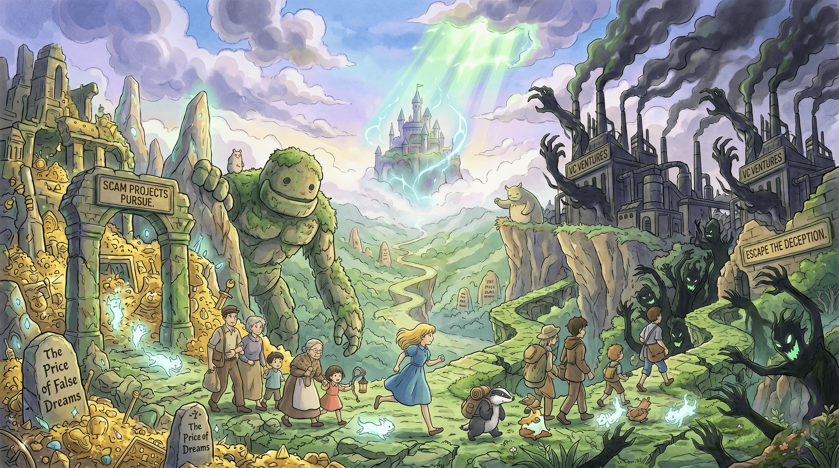 Ghibli style illustration of a girl running from dark shadows labeled Scam Projects towards a glowing castle.